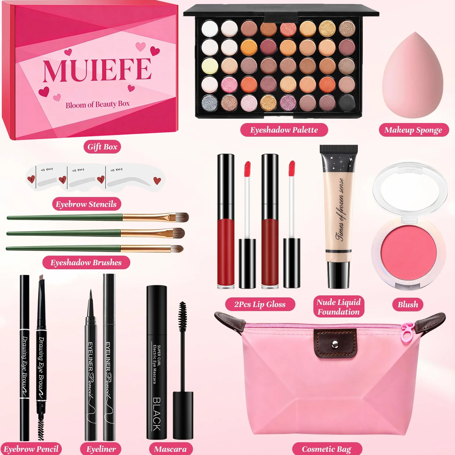 Kit Trucco Make Up Completo, Set Trucchi Donna, Cofanetto Regalo Makeup per Ragazza Adolescente, Include Portatile Palette, Ombretto, Rossetti, Eyeliner, Mascara, Sopracciglia e Borsa per il trucco