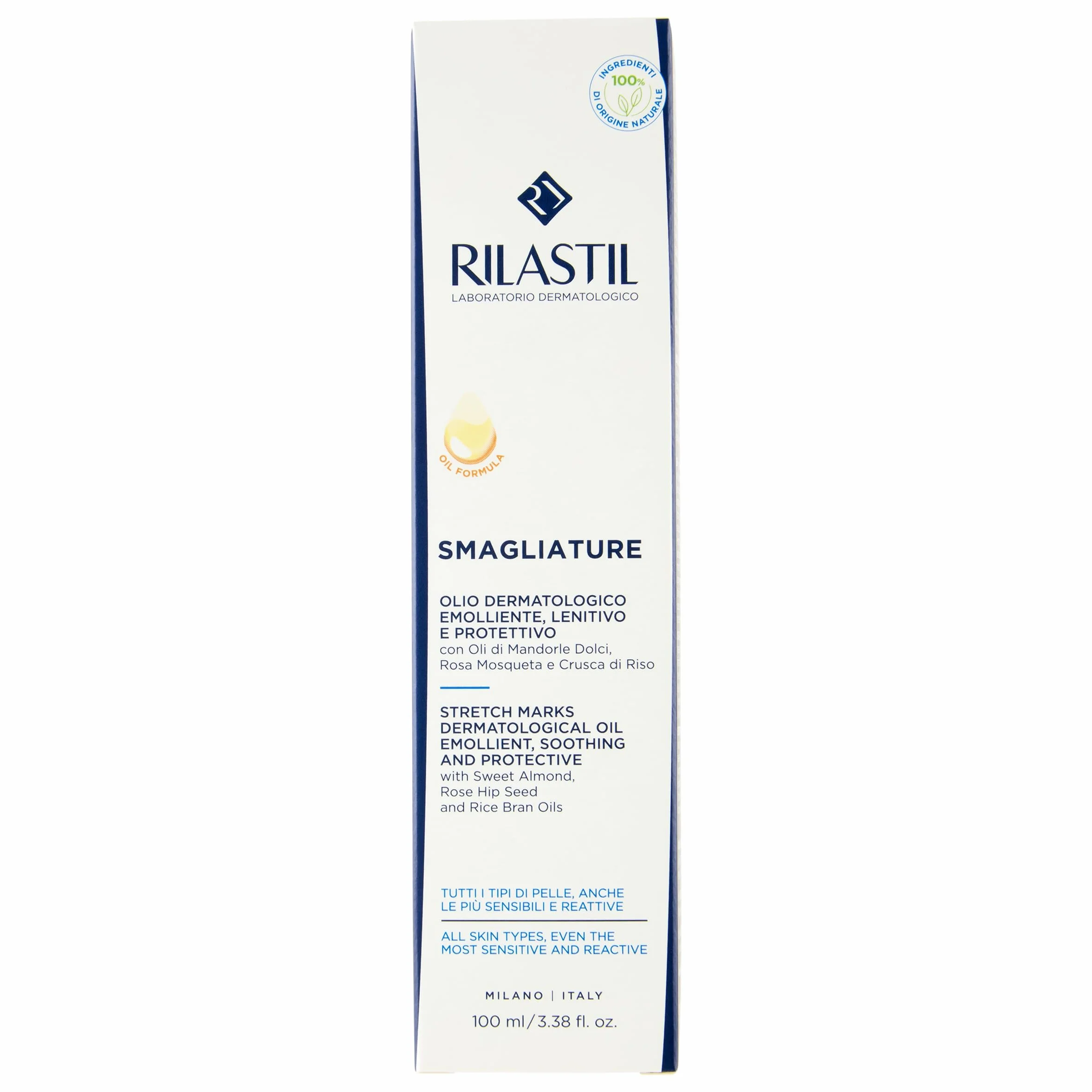 Rilastil Olio Smagliature, Emolliente, Lenitivo e Protettivo con Oli di Mandorle Dolci, Rosa Balsamina, Tutti i Tipi di Pelle, Confezione da 100ml