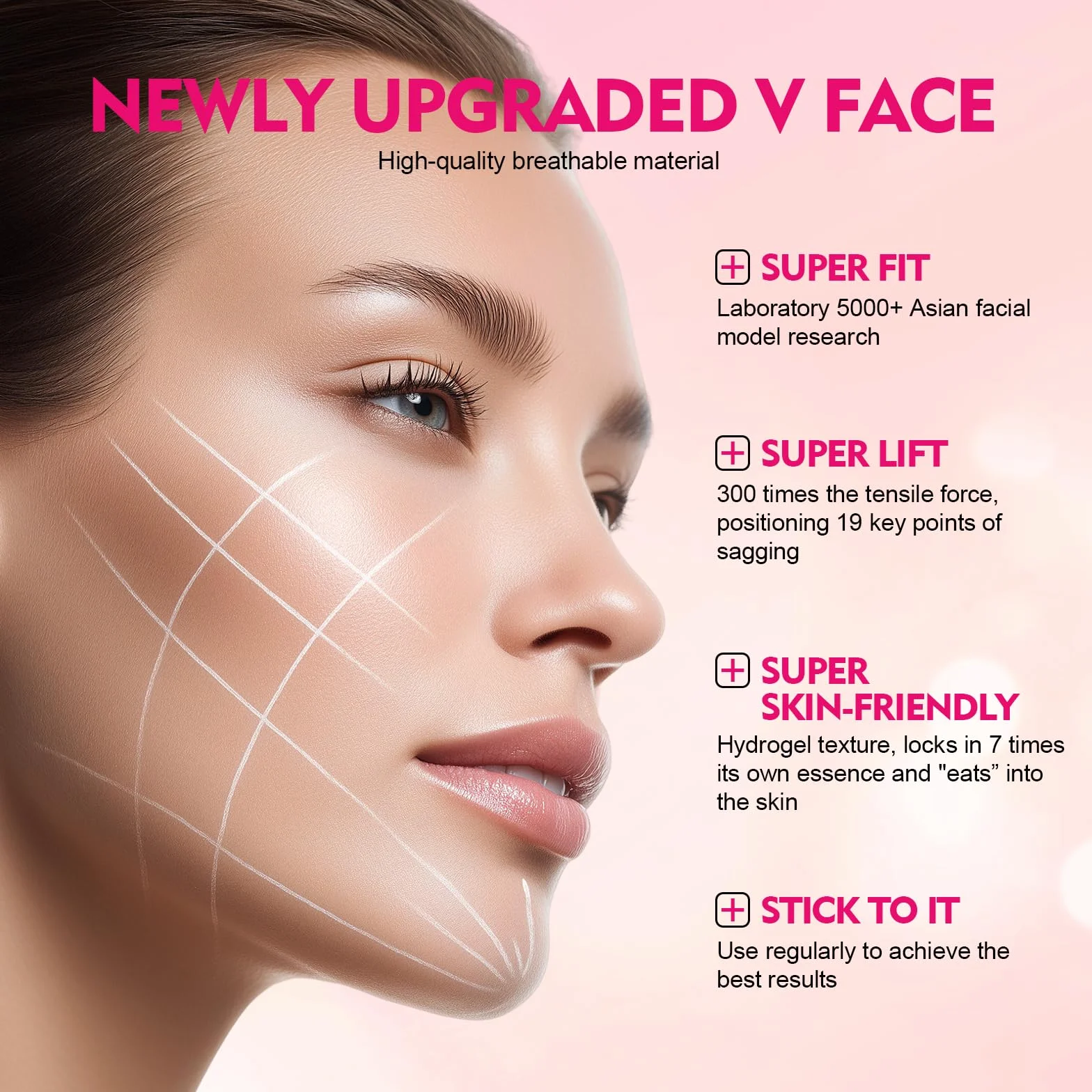 Maschera V Facciale Riutilizzabile,Fascia Lifting Mentoniera Antirughe,Riduttore Doppio Mento con Effetto Snellente Viso,Fascia Reggente per Rassodare il Contorno Viso e Mento,Pink