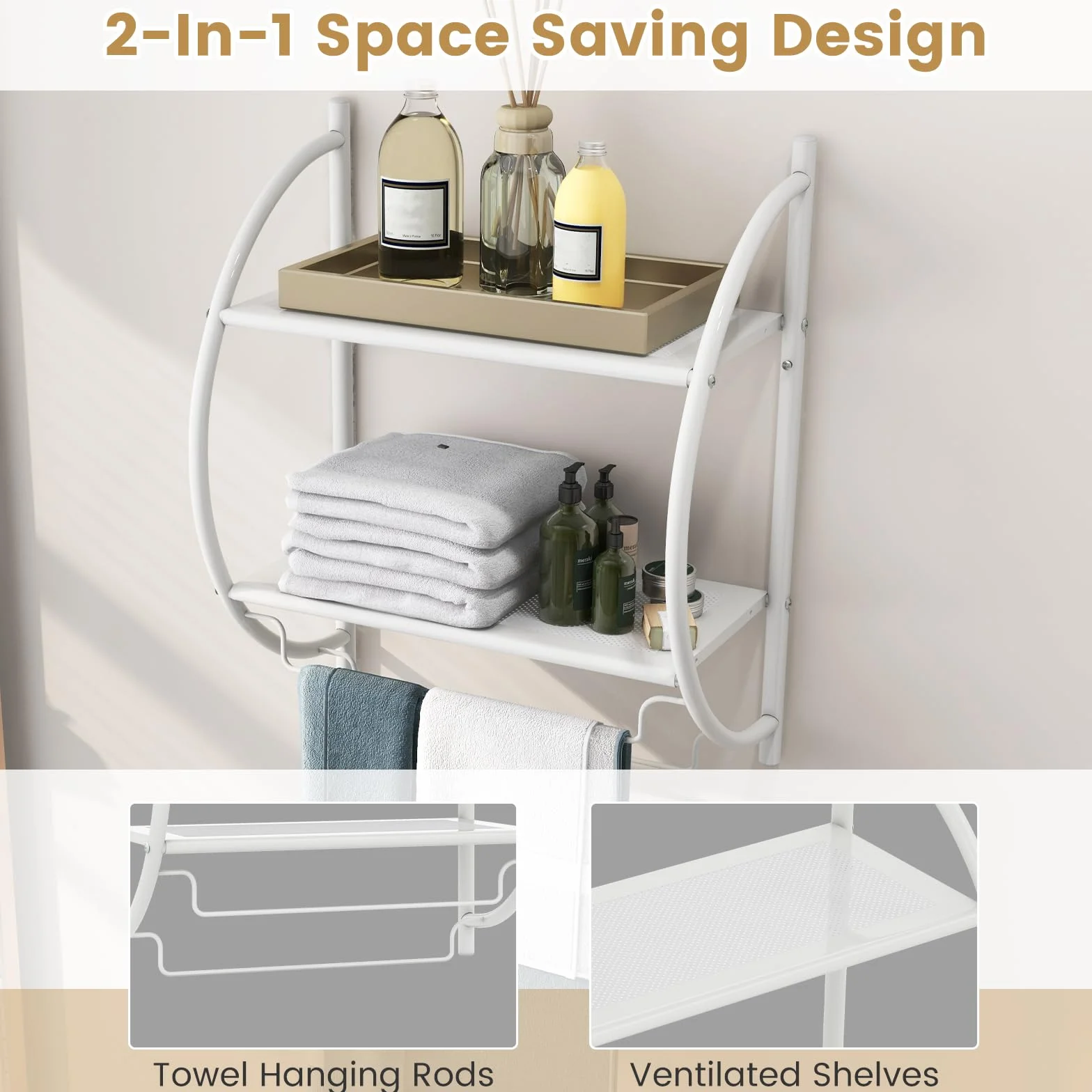 GIANTEX Porta Asciugamani Bagno da Parete, Mensola Doccia con 2 Ripiani e 2 Portasciugamani, Antiruggine, 45x25,5x55 cm Bianco