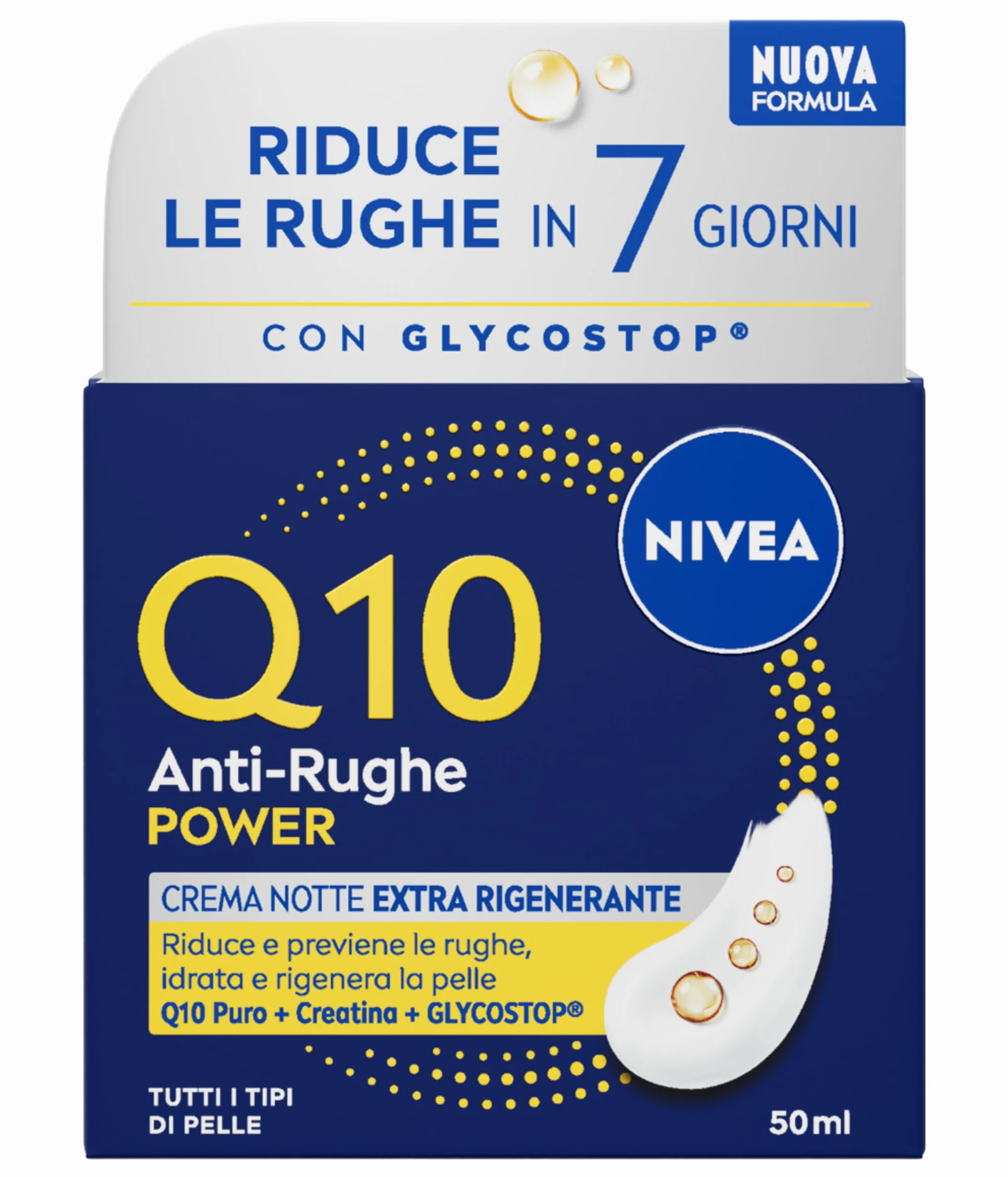 NIVEA Q10 Anti-Rughe Power Crema Notte Extra Rigenerante 50 ml, Crema notte viso antirughe idratante con Coenzima Q10, Creatina e Glycostop, Skincare ad assorbimento rapido per tutti i tipi di pelle