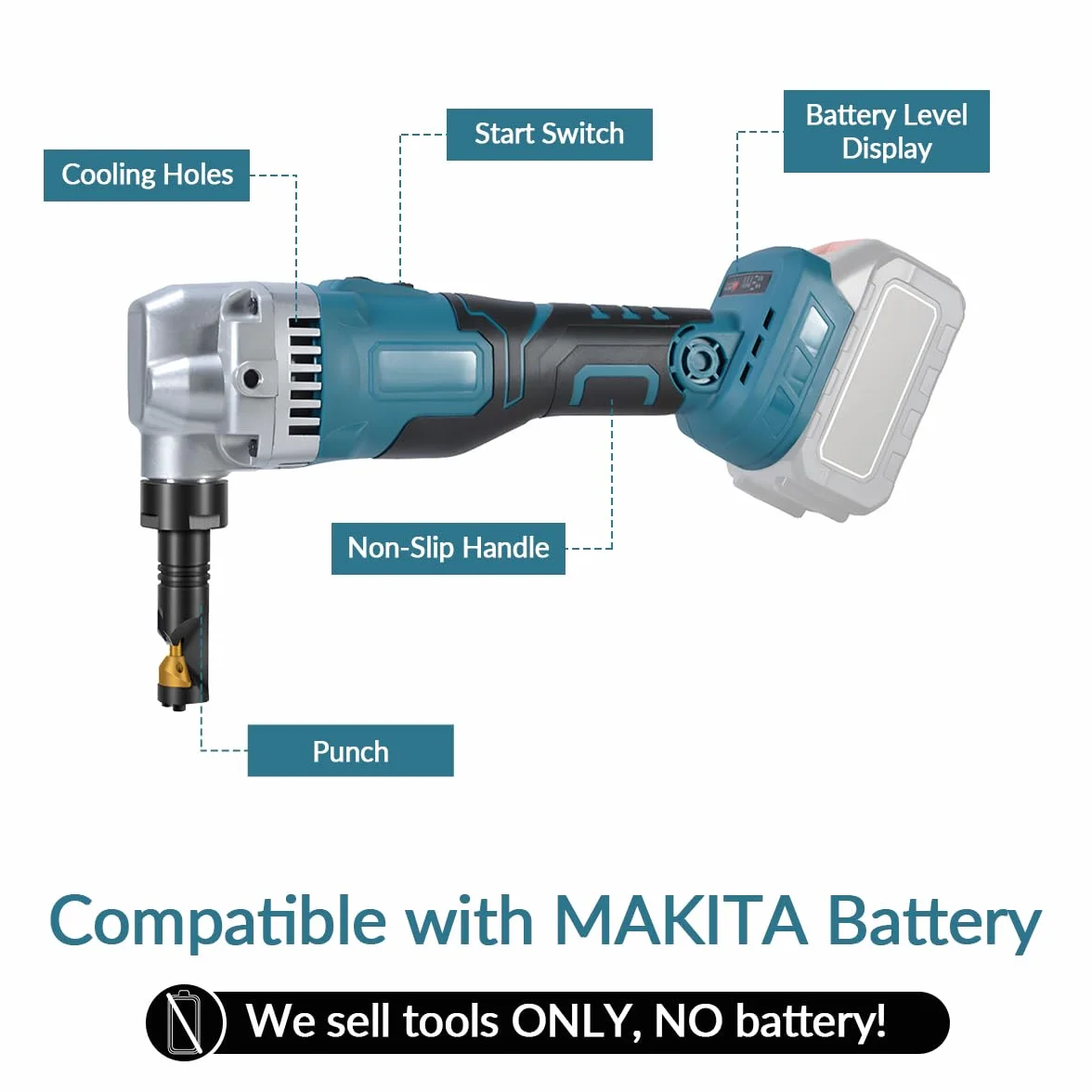Roditrice per Lamiera Compatibile Makita 18v, Girevole 360°, 3 Velocità, Taglio Acciaio Inox