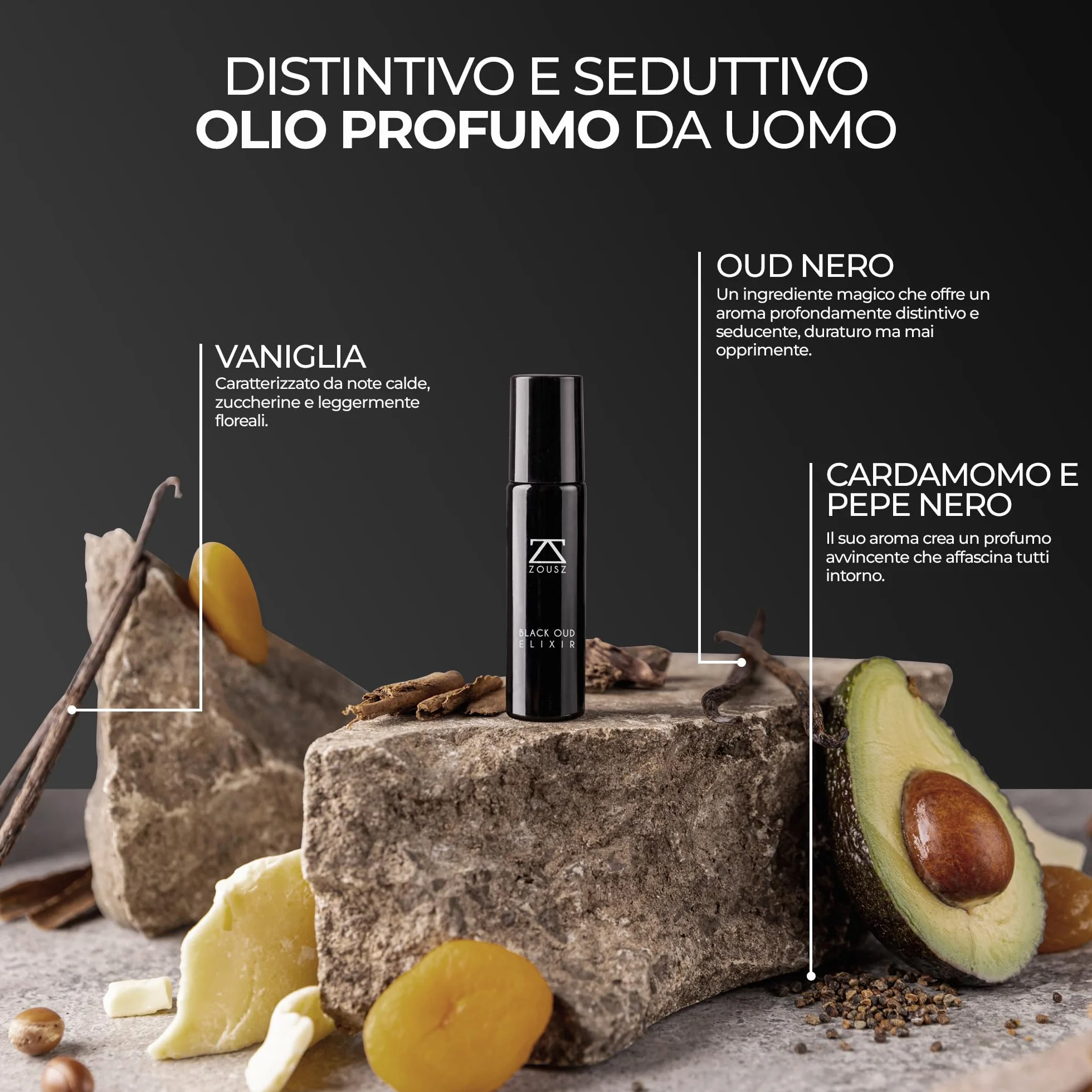ZOUSZ Estratto di profumo Elixir Black Oud per uomo, Olio profumato legnoso di Oud, profumo a lunga durata, vegano e cruelty-free, formato viaggio, 10 ml roll-on.