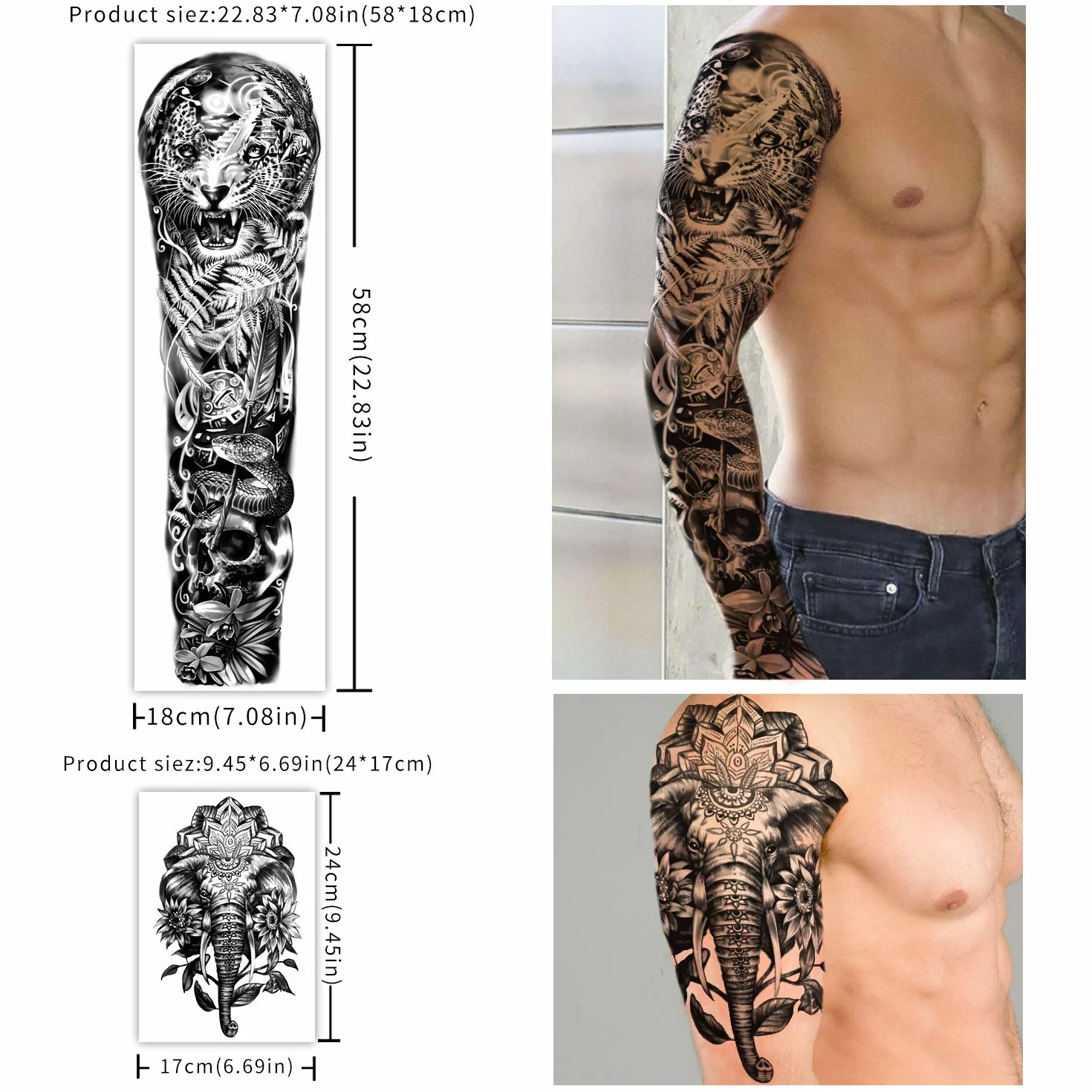 Tatuaggi Temporanei Impermeabili Braccio Completo 8 Fogli e Metà Braccio Tatuaggi Finti 8 fogli, Adesivi per Tatuaggi Extra Large per Uomini e Donne o Adulti (58X18 cm)