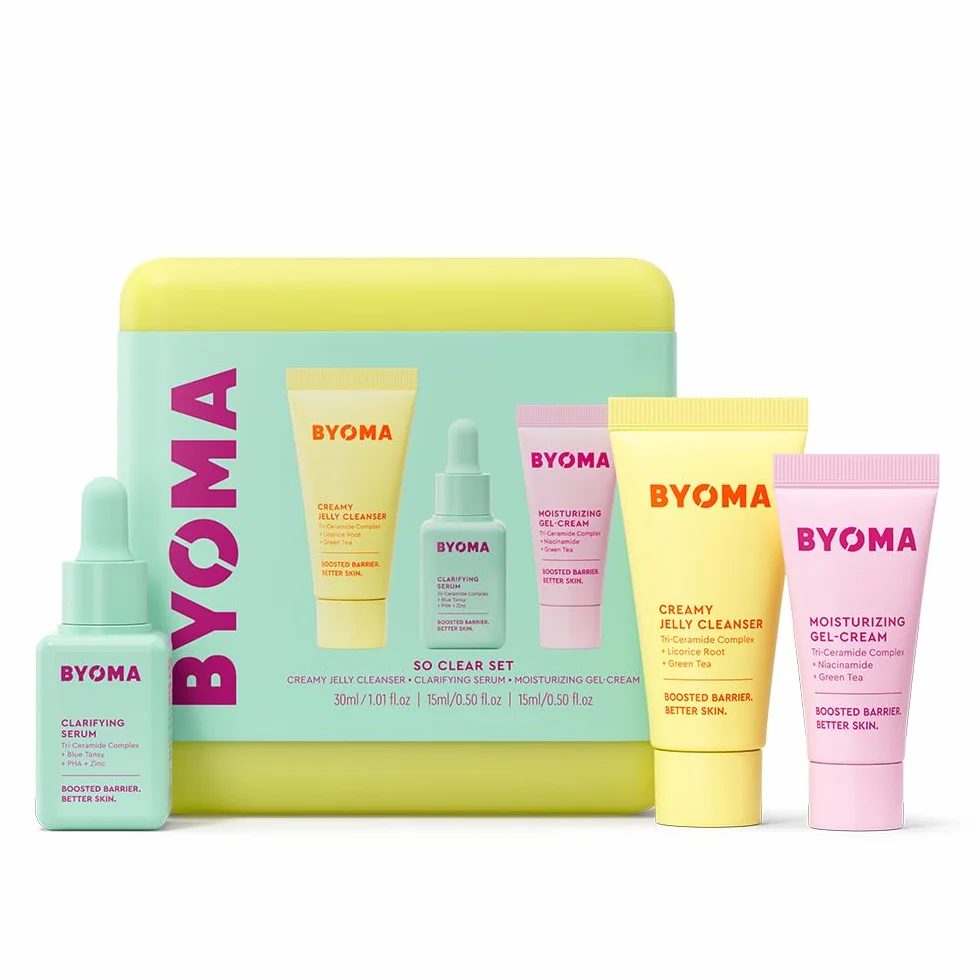 BYOMA So Clear Set - Barrier Repair Skincare Set for Acne Prone Skin - Creamy Jelly Cleanser, Clarifying Face Serum & & Gel-Cream Moisturizer - Unclogs Pores, Targets Blemishes - 30ml, 15ml, 15ml
