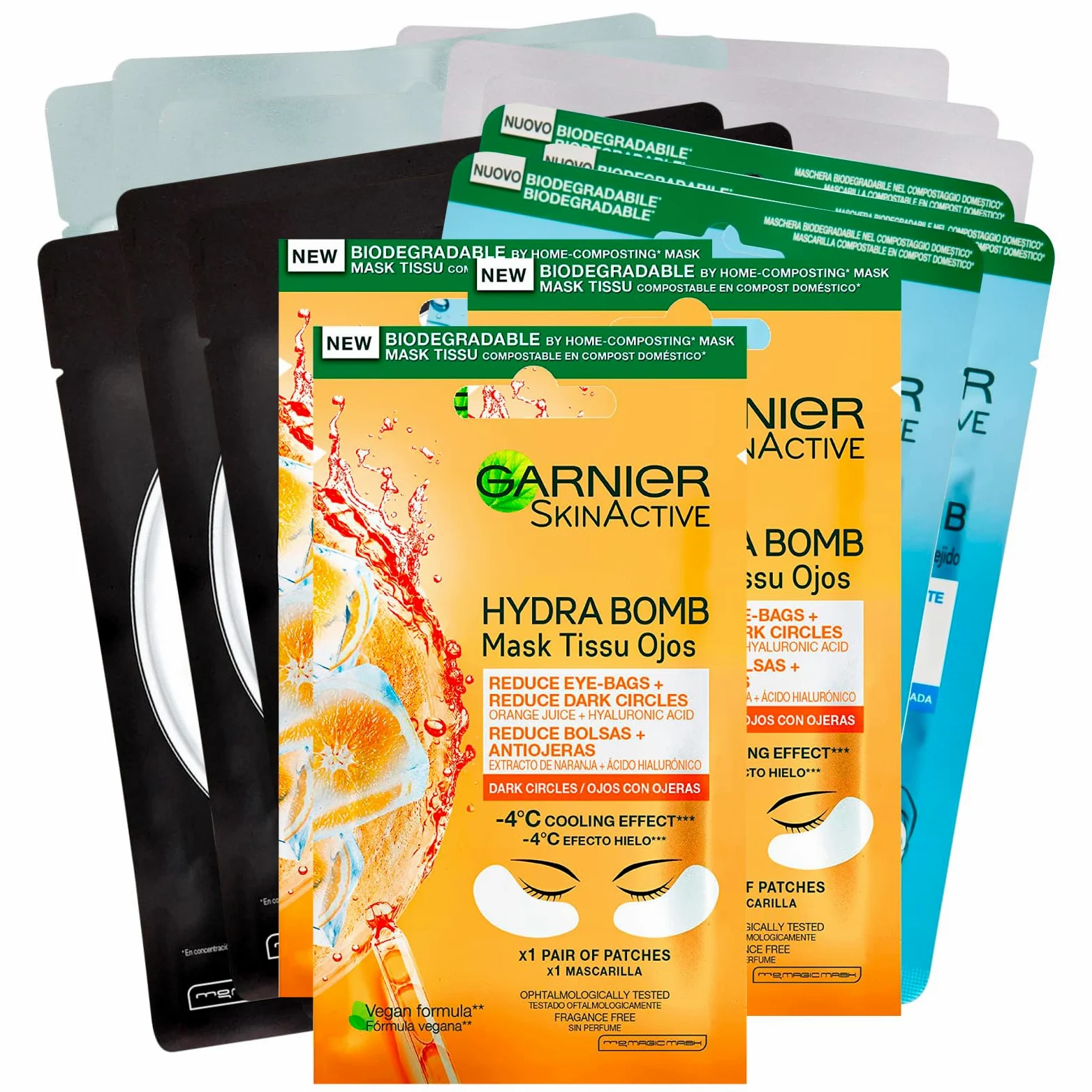 3x Garnier SkinActive Maschera Tessuto Idratante Melograno + 3x Hydra Bomb Lenitiva Camomilla + 3x Hydra Bomb Opacizzante Tè Verde + 3x Pure Characoal Purificante + 3x Anti Fatica Occhi