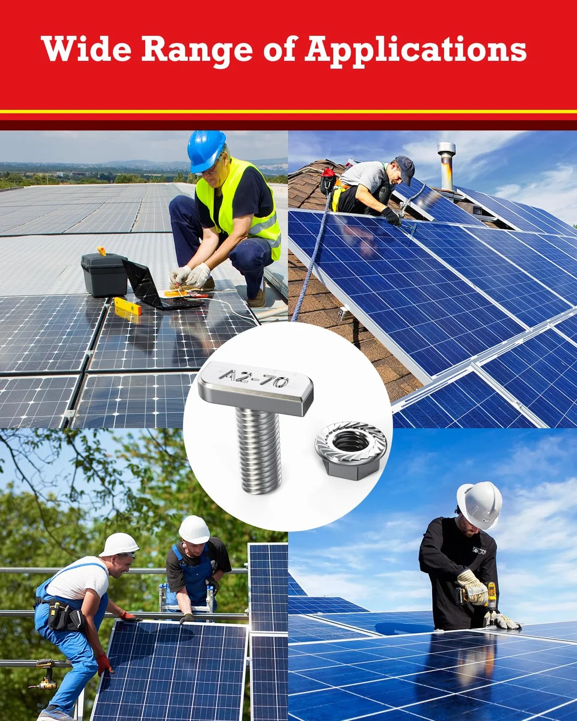 Set di 22 viti M8 x 20 mm A2-70 acciaio inox con dado a flangia per guide solari PV