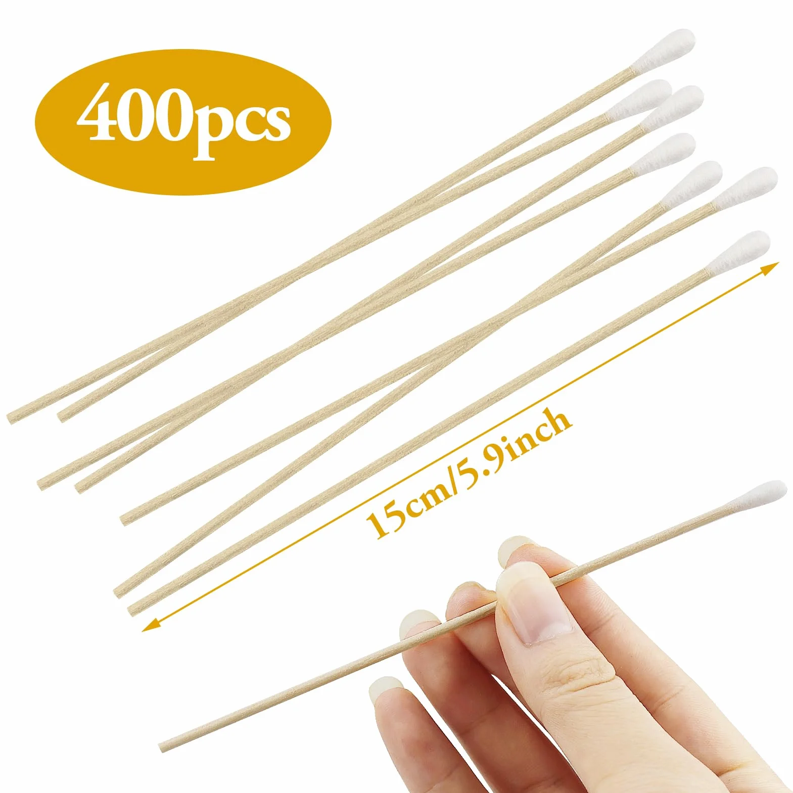 Tamponi di cotone, 400 pezzi, manico lungo in legno, 15 cm, bastoncini di pulizia per fotocamera, tastiera, trucco, pulizia