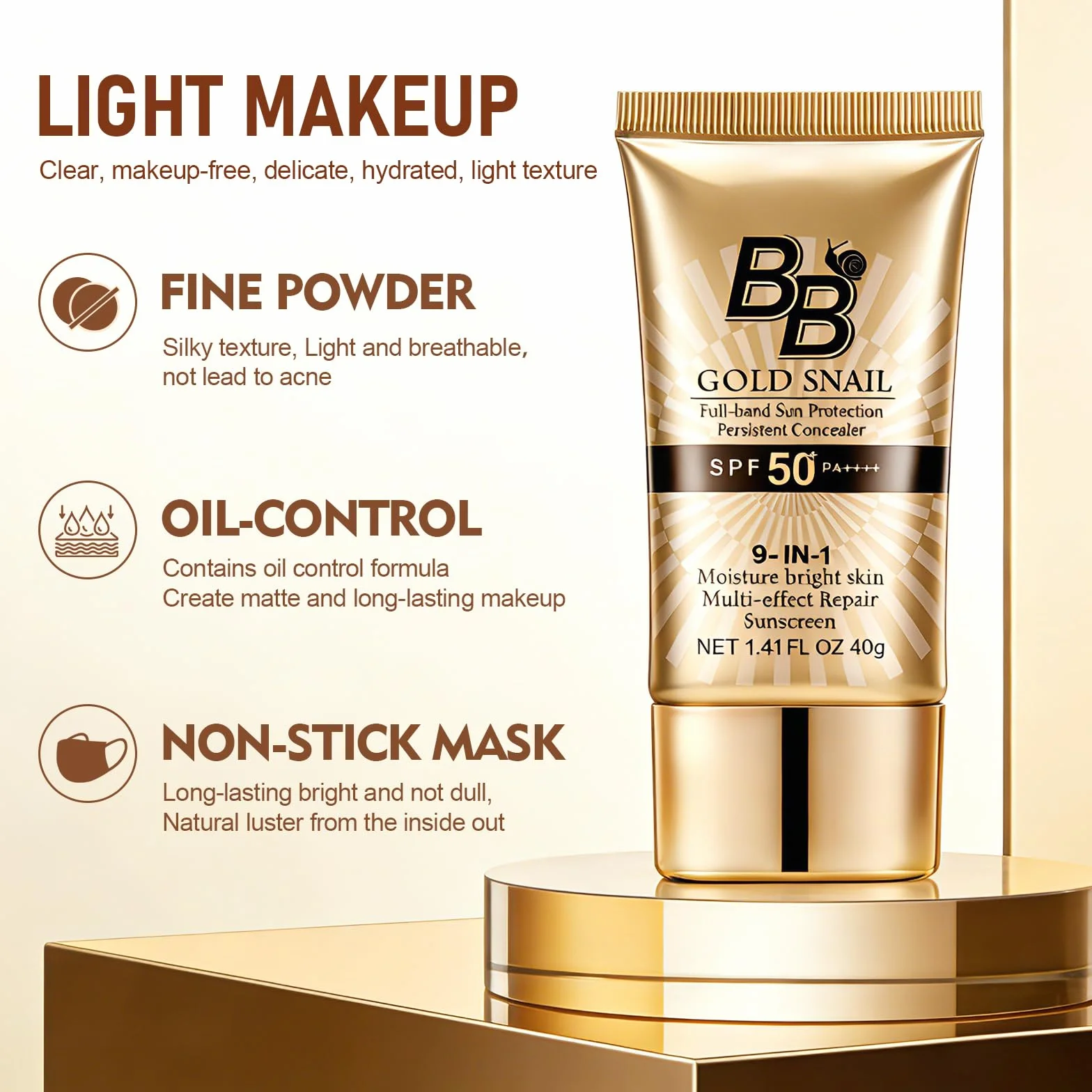 BB Cream Viso SPF 50,Crema Colorata Naturale Con Bava Di Lumaca,Alta Coprenza E Idratazione 24h,Effetto Anti-Lucidità,Fondotinta Compatto Con Protezione Solare,40g,01# Naturale