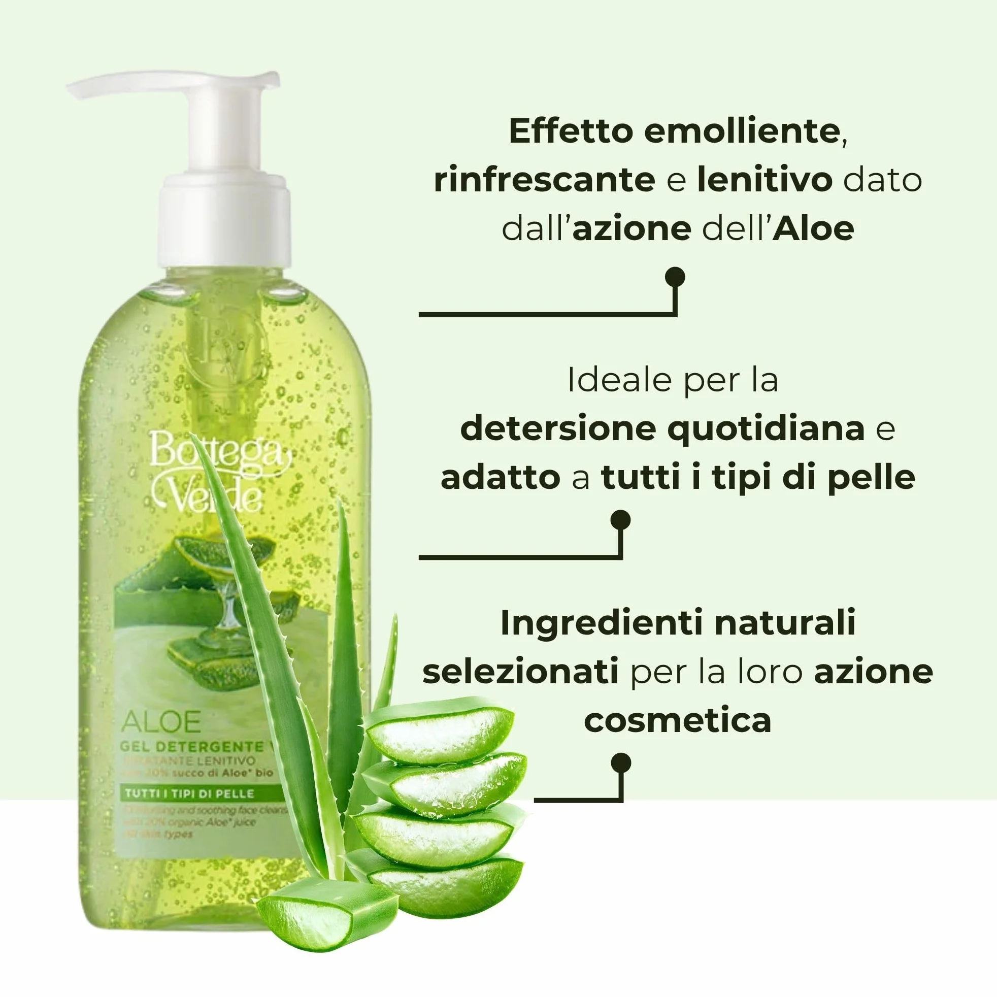 Bottega Verde - Aloe, Gel Detergente Viso, 200 ml, Idratante e Lenitivo con 20% di Succo di Aloe Bio, Detersione Delicata per Tutti i Tipi di Pelle, Formula Fresca e Naturale