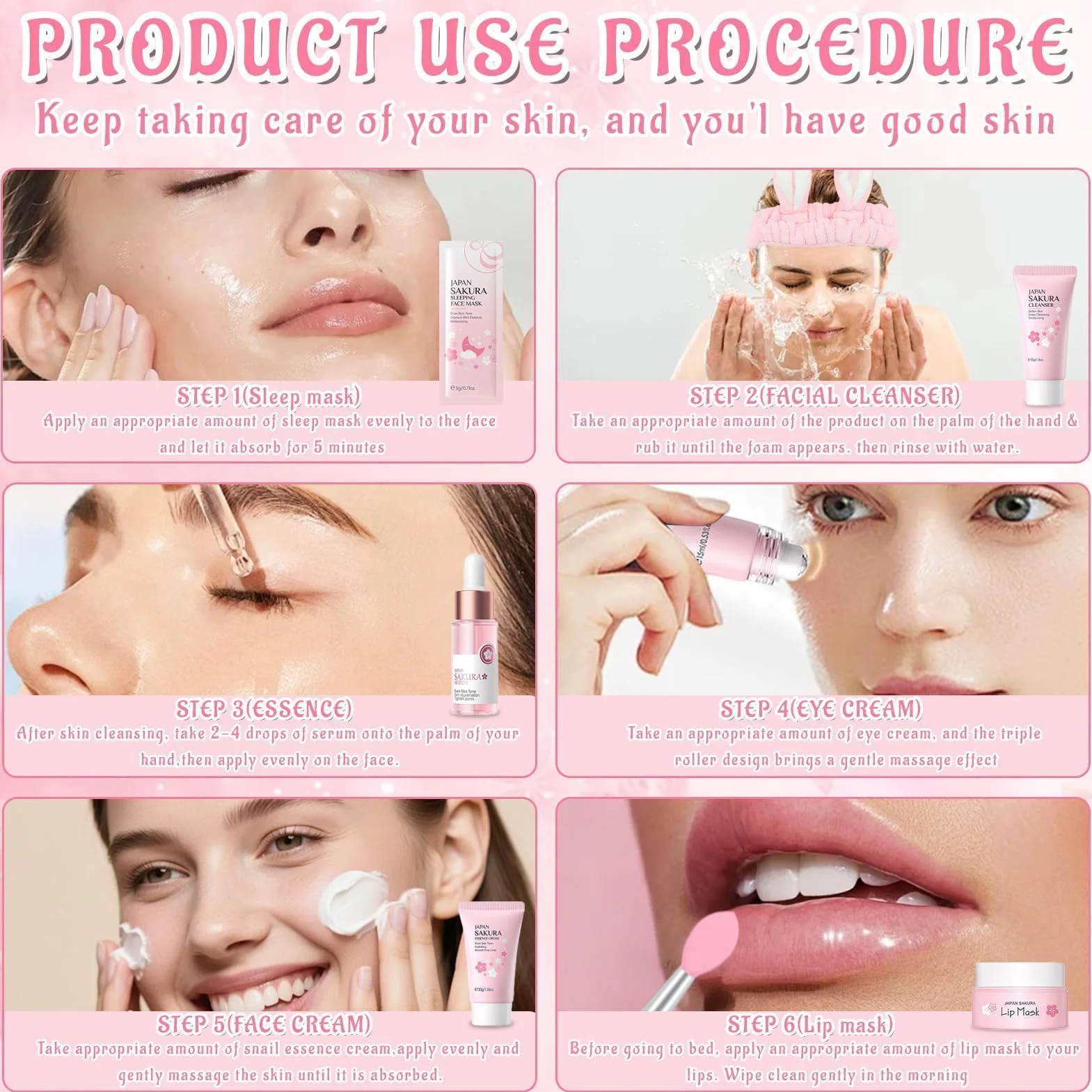 Kit per la Cura della Pelle Sakura 18 Pezzi,Include Detergente,Crema, Siero,Siero per gli occhi,Maschera di fango,Maschera per dormire, Accessori,Set Skincare Viso Completo per Ragazze e Donne