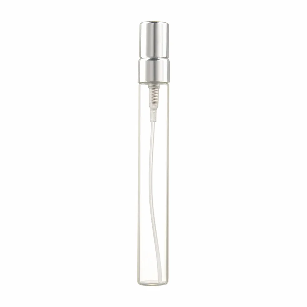 10 ml 10 pezzi Bottiglia di vetro spray ricaricabile per profumo Mini flacone campione di prova, fiale di vetro sottile, argento