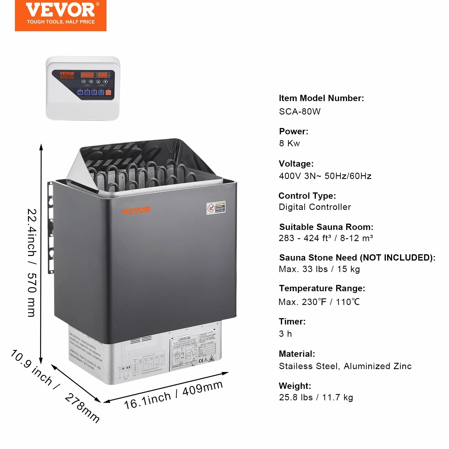 VEVOR Stufa Elettrica per Sauna 8 kW 400 V 3 N Riscaldatore Portatile con Timer 3 Ore e Regolatore Digitale 8-12 m³