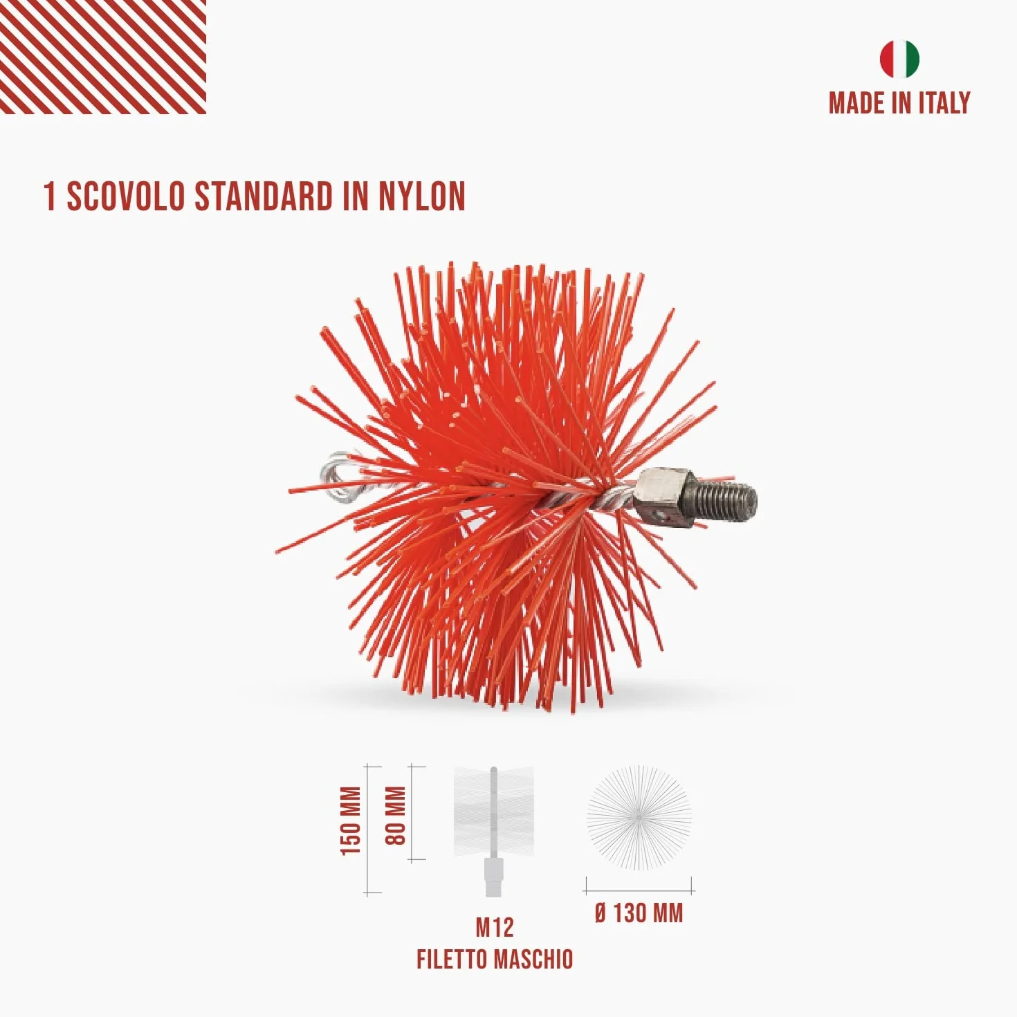 BARETTO Kit Pulizia Camino Canna Fumaria Ø 130 mm Scovolo NYLON Aste 6 m Curvatura 45° Rimozione fuliggine Spazzacamino