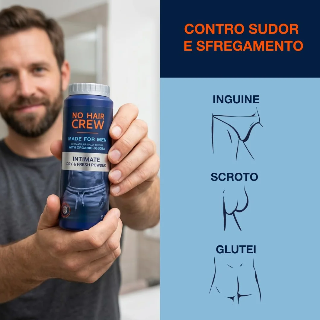NO HAIR CREW Dry & Fresh Polvere Intima Uomo 100 g – Polvere Corpo Senza Talco contro Sudore, Odori e Sfregamenti – Sensazione di Freschezza e Comfort Duraturi