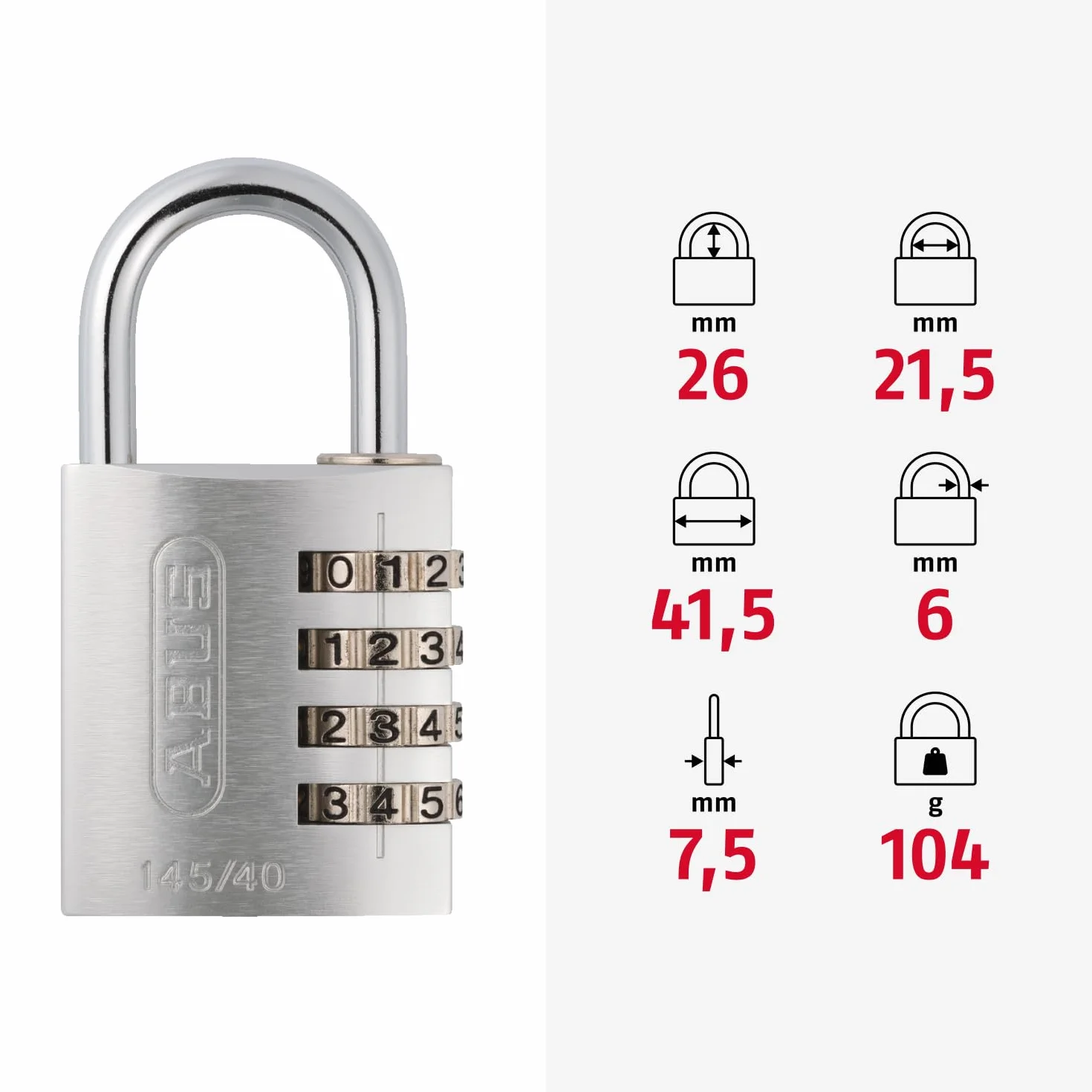 ABUS Lucchetto a Combinazione 145/40 Rosso - Lucchetto in Alluminio con Codice Numerico Regolabile, Livello di Sicurezza 4