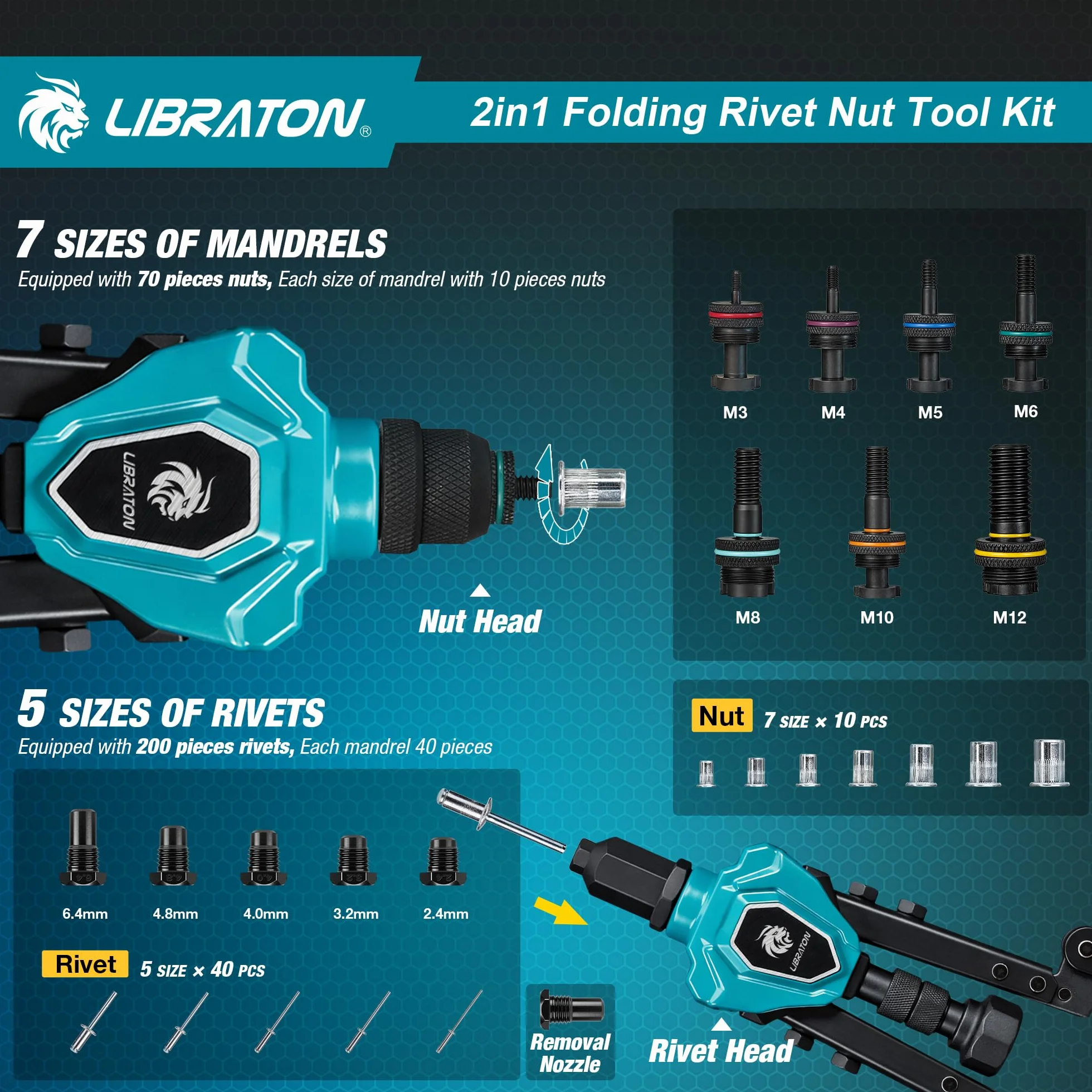 LIBRATON Rivettatrice Pieghevole 2 in 1 per Inserti Filettati, 7 Mandrini M3-M12, 5 Teste 2.4-6.4mm, 70 Inserti 200 Rivetti