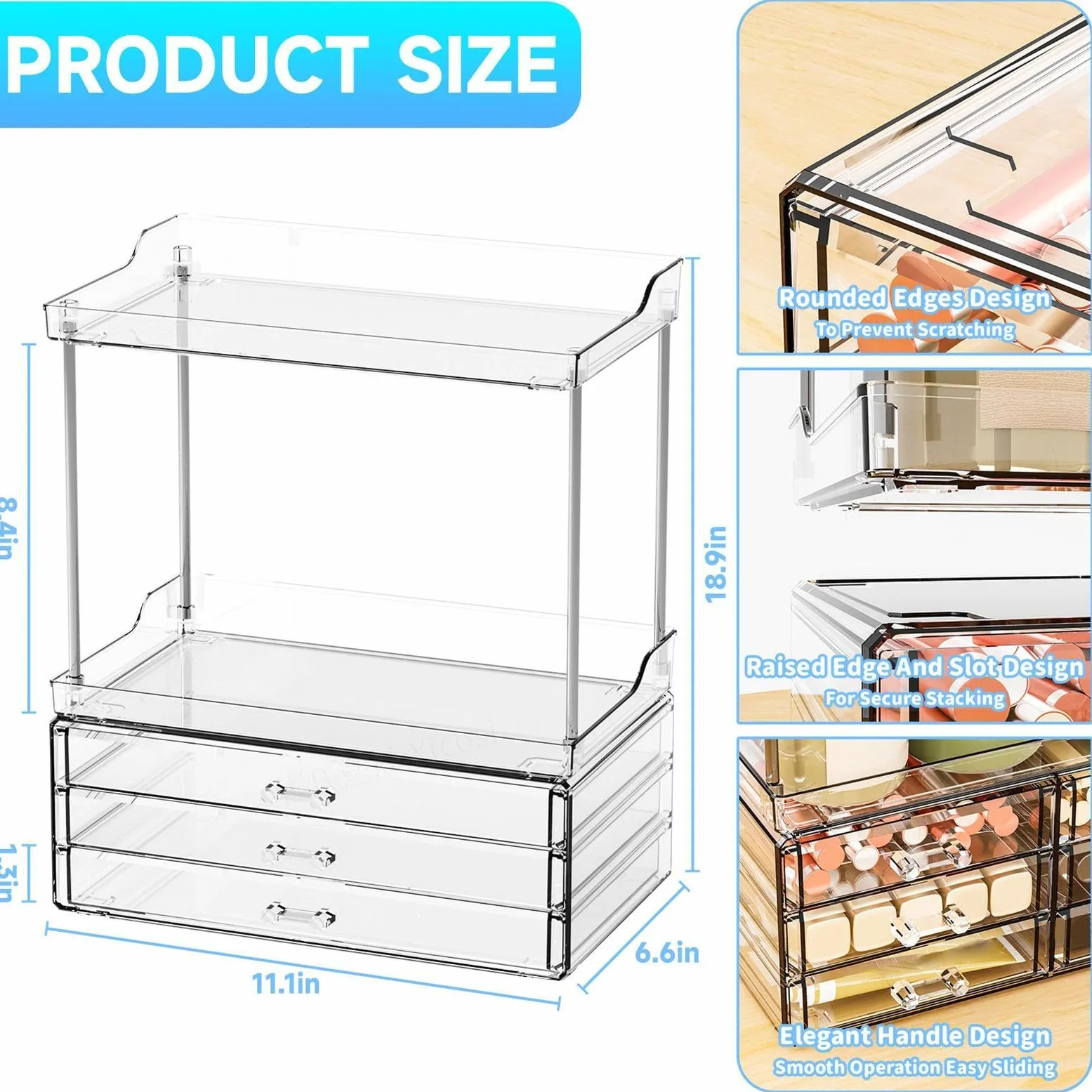 Organizer per trucchi con cassetti, supporto a 2 ripiani con cassetti, multiuso, organizer per articoli da toeletta per toeletta, cucina, camera da