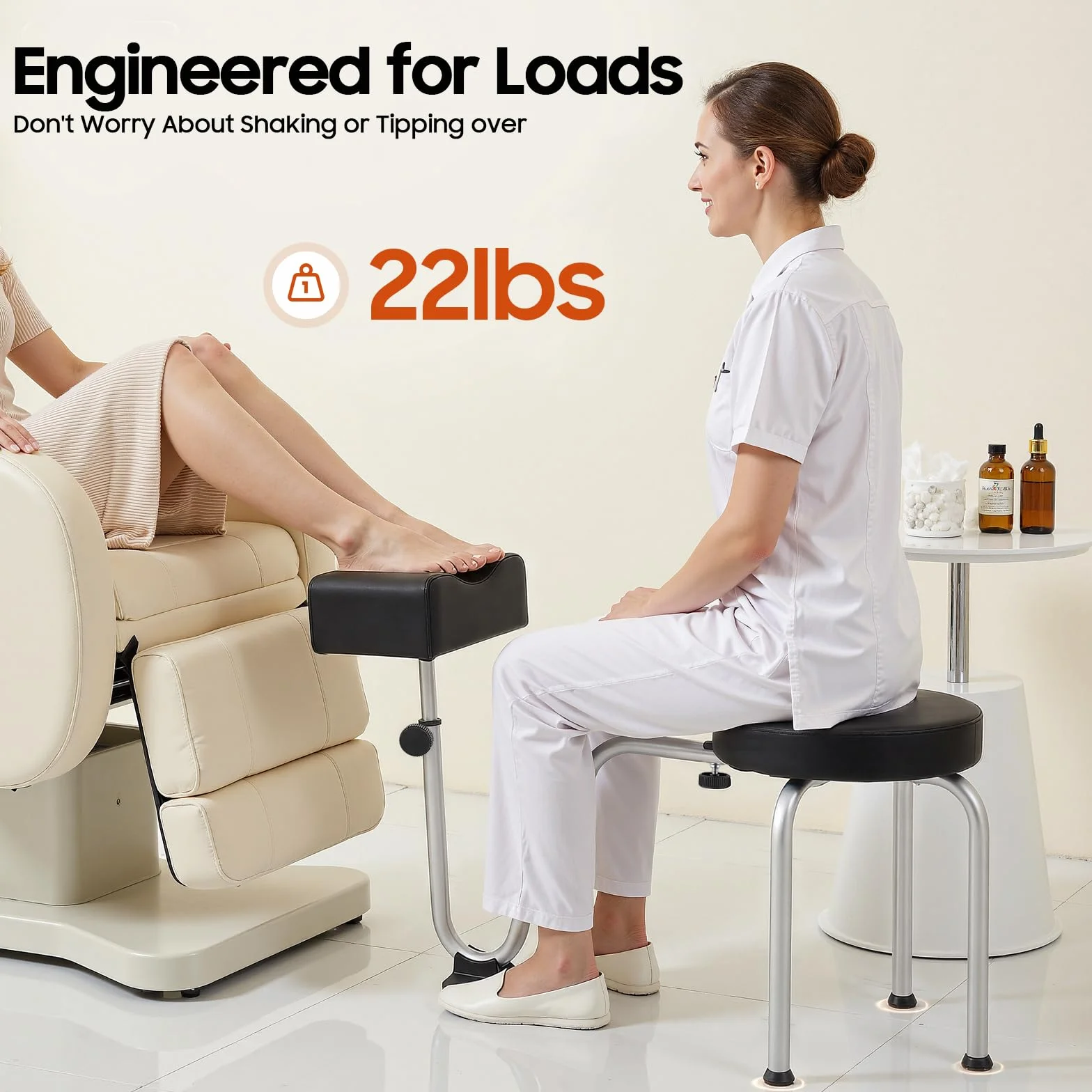 Sgabello per pedicure, con poggiapiedi, altezza regolabile 10 kg, carico massimo, cuscino comfort in poliuretano e piedi antiscivolo, per salone di manicure pro e uso domestico