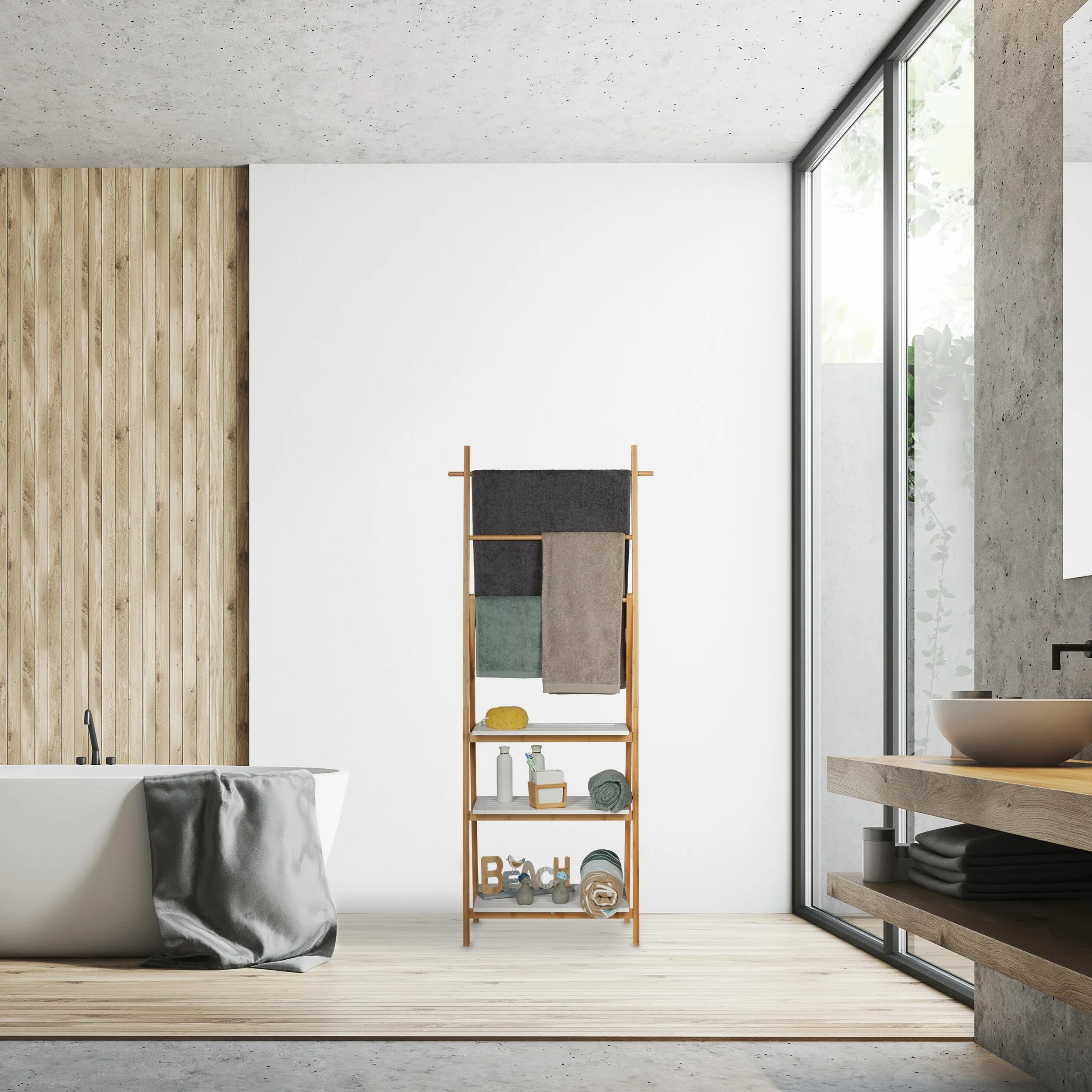 Relaxdays Portasciugamani da Terra, Bambù e MDF, 3 Aste e Ripiani, 150x50x30 cm, Naturale Bianco