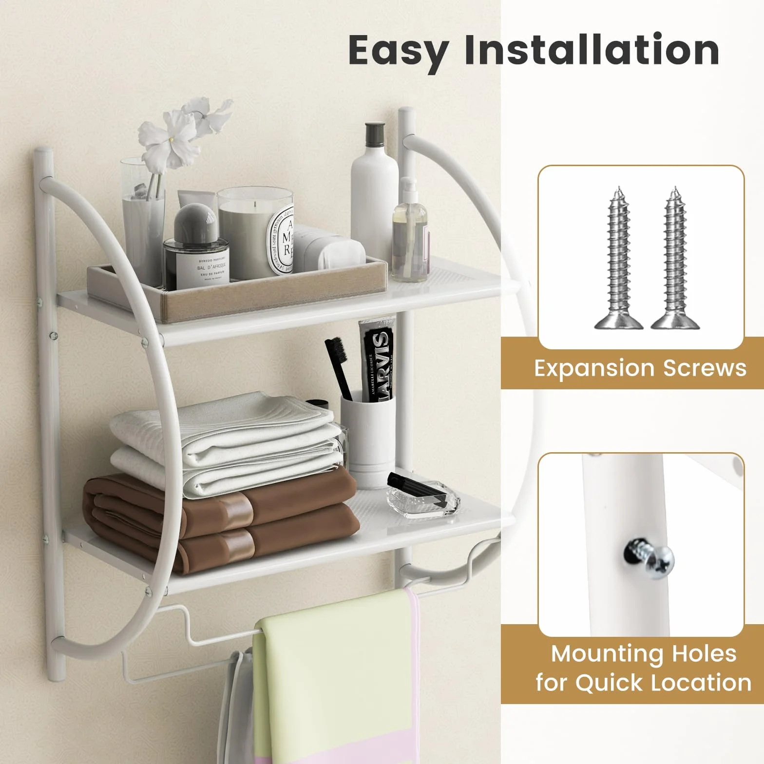 GIANTEX Porta Asciugamani Bagno da Parete, Mensola Doccia con 2 Ripiani e 2 Portasciugamani, Antiruggine, 45x25,5x55 cm Bianco