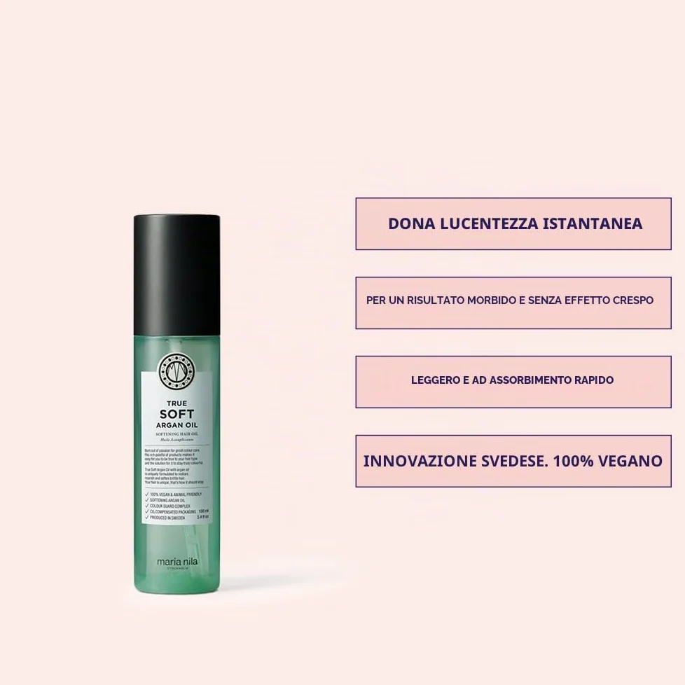 Maria Nila True Soft, Olio di argan 100 ml, per capelli secchi, di facile assorbimento, reidrata e riduce l’effetto crespo, prodotto 100% vegano e senza solfati/parabeni
