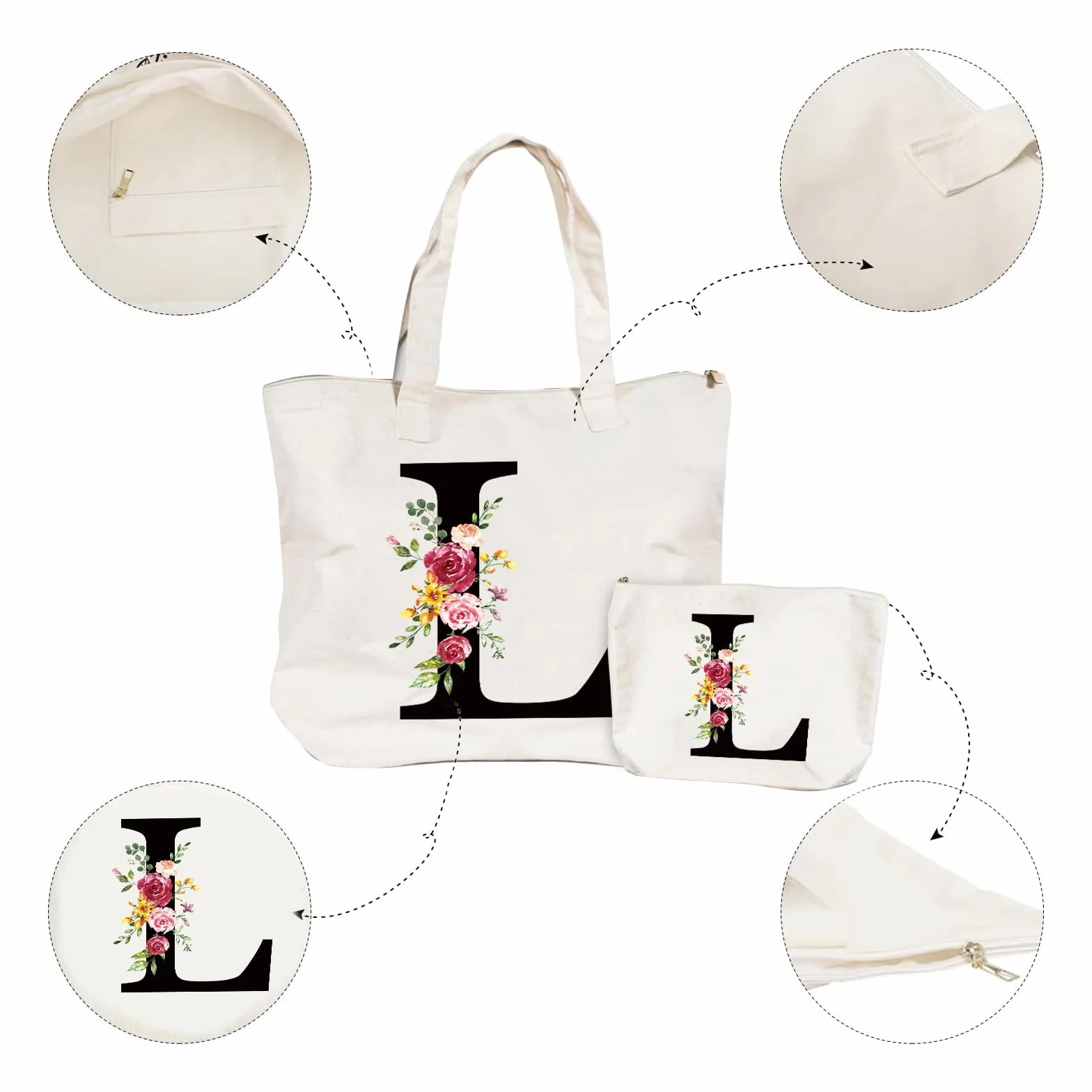 Borsa per il trasporto e trousse con iniziale, borsa per la spesa in tela con cerniera, personalizzata, in cotone, regalo per fidanzata, moglie, mamma, sorella, compleanno, matrimonio, festa della