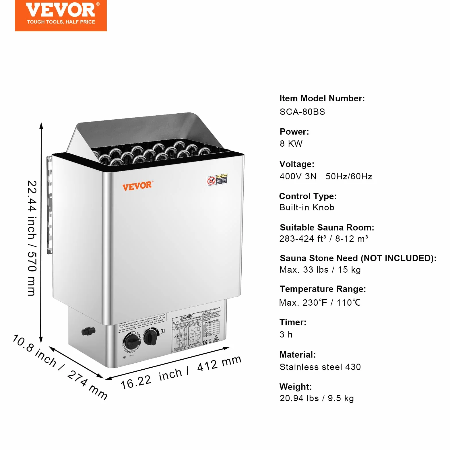 VEVOR Stufa Elettrica per Sauna 8 kW 400 V 3 N, Riscaldatore Portatile Acciaio Inox, 8-12 m³, Timer 3 Ore
