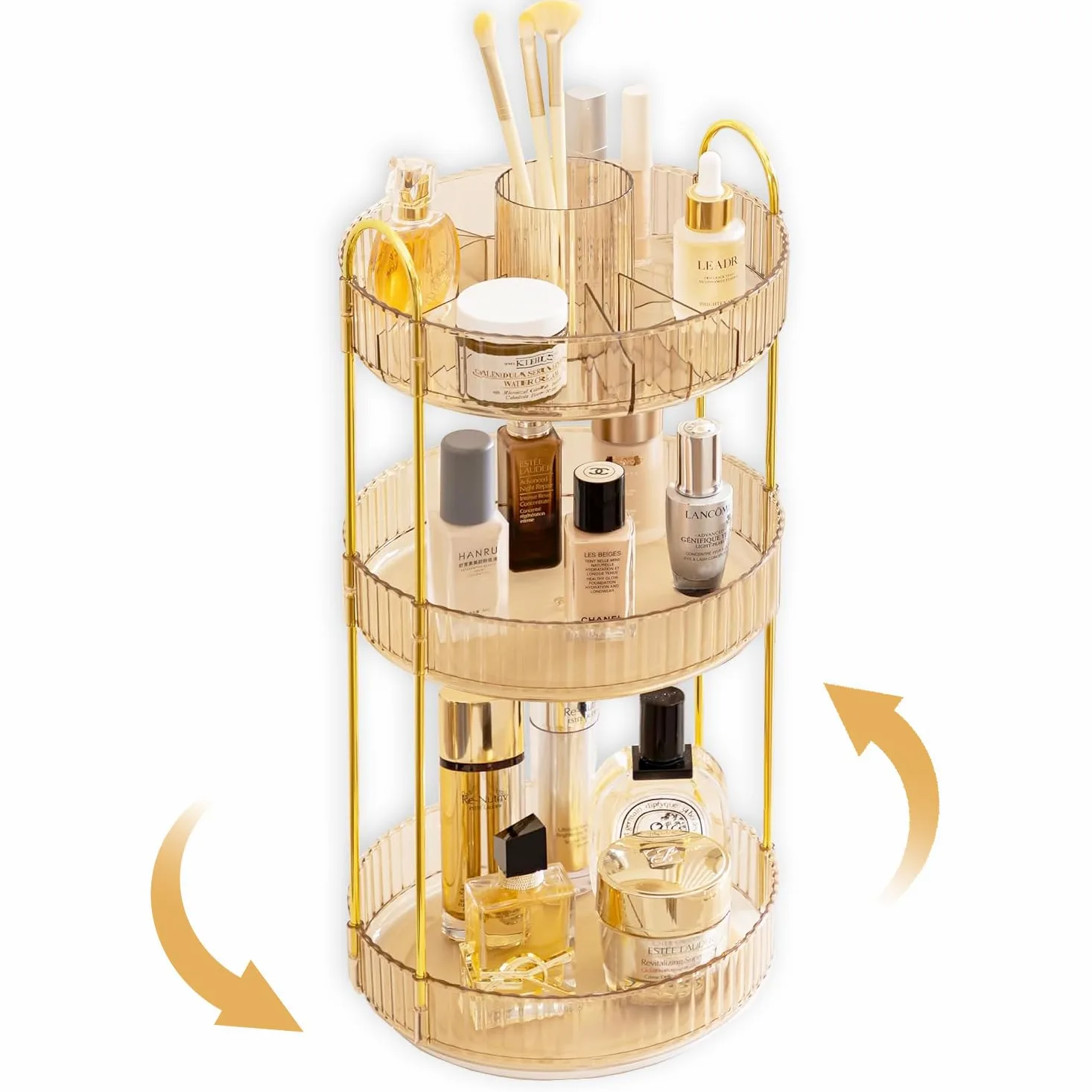 Porta Trucchi Organizzatore di Trucco Rotante da 360 Gradi Espositore Contenitori Cosmetici 3 Livelli Organizer con Portaspazzole per Vanità Portaoggetti Trucco per Bagno, Camera da Letto, Oro