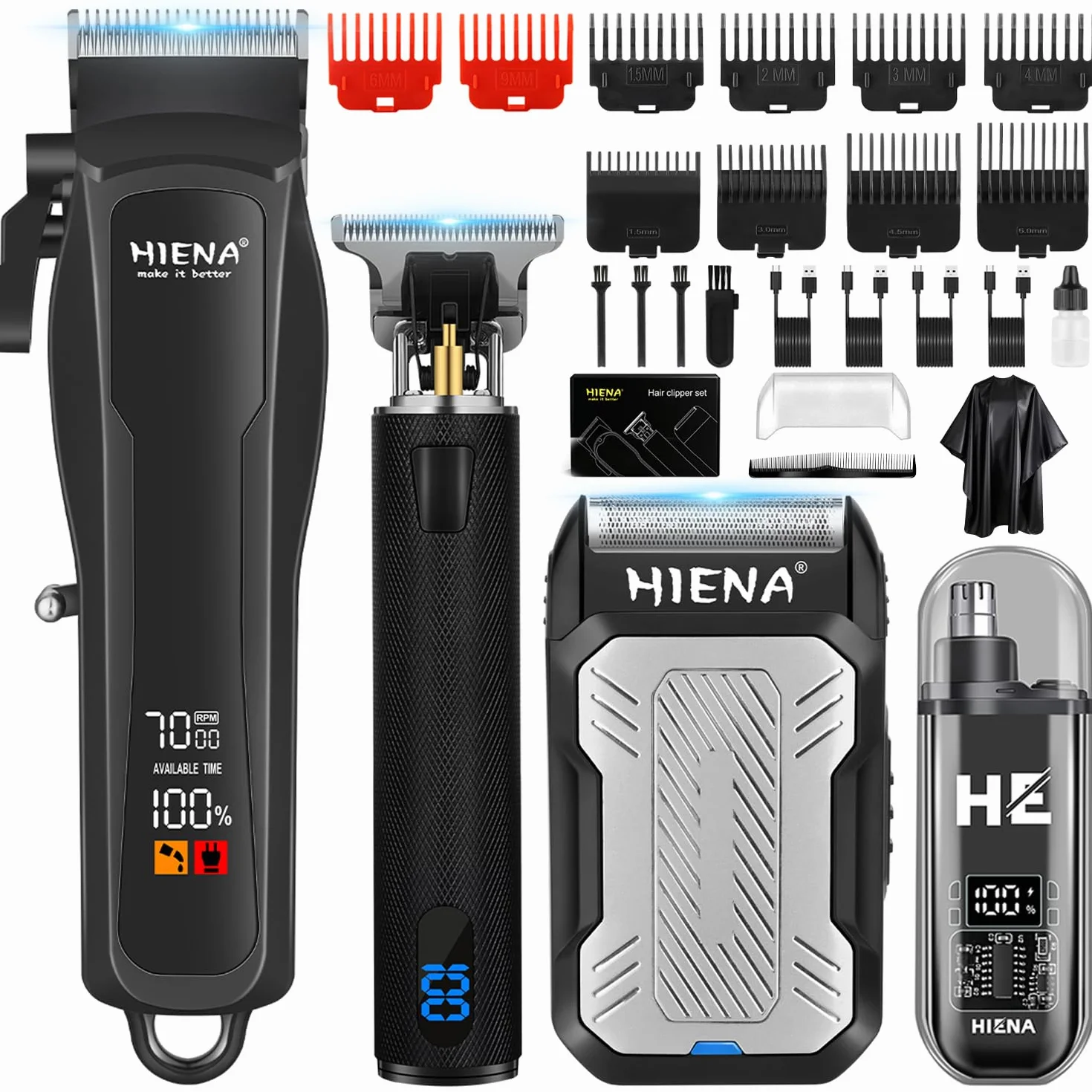 HIENA PRO Tagliacapelli Uomo Professionale, Macchinetta per Capelli Senza Fili, Regolabarba, Rasoio a Lamina, Tagliapeli Naso, Kit Completo per Rasatura e Taglio di Capelli Elettrico