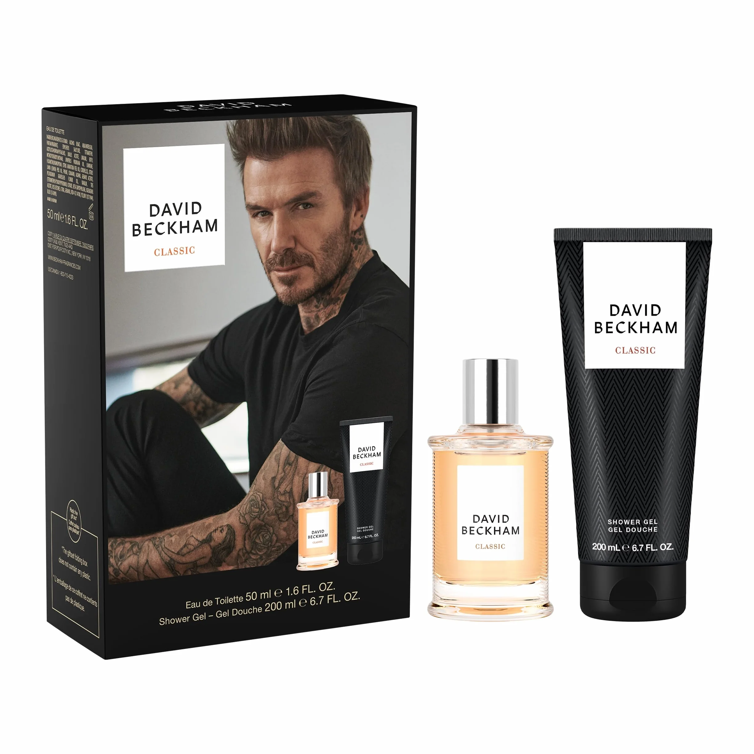 David Beckham, Cofanetto Regalo per Lui Classic, con Eau de Toilette & Docciaschiuma, Dopobarba Accattivante Fresco, Ambrato, Legnoso, 50ml & 200ml