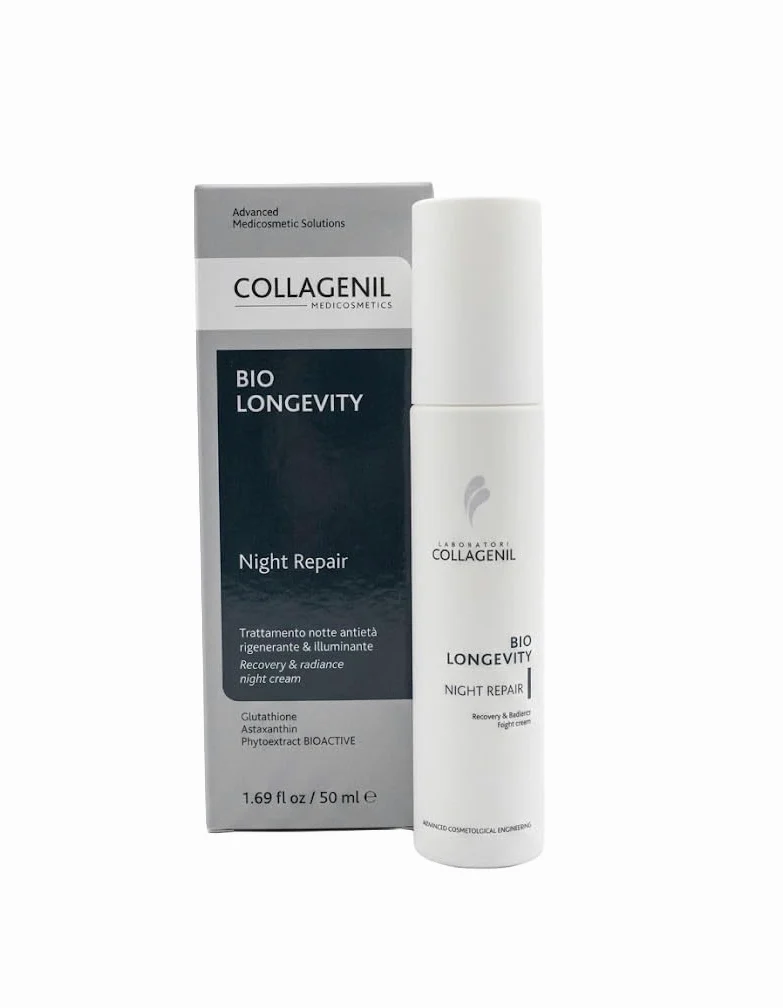 Collagenil Bio Longevity Night Repair Crema Notte Viso, Collo e Décolleté, Trattamento Notturno Antirughe, con Effetto Ridensificante, Elasticizzante, Contro Rilassamento Cutaneo, Made in Italy, 50ml