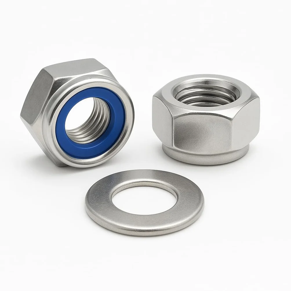 Dadi esagonali autobloccanti DIN 985 M8 A2 acciaio inox AISI 304 con rondelle piane DIN 125