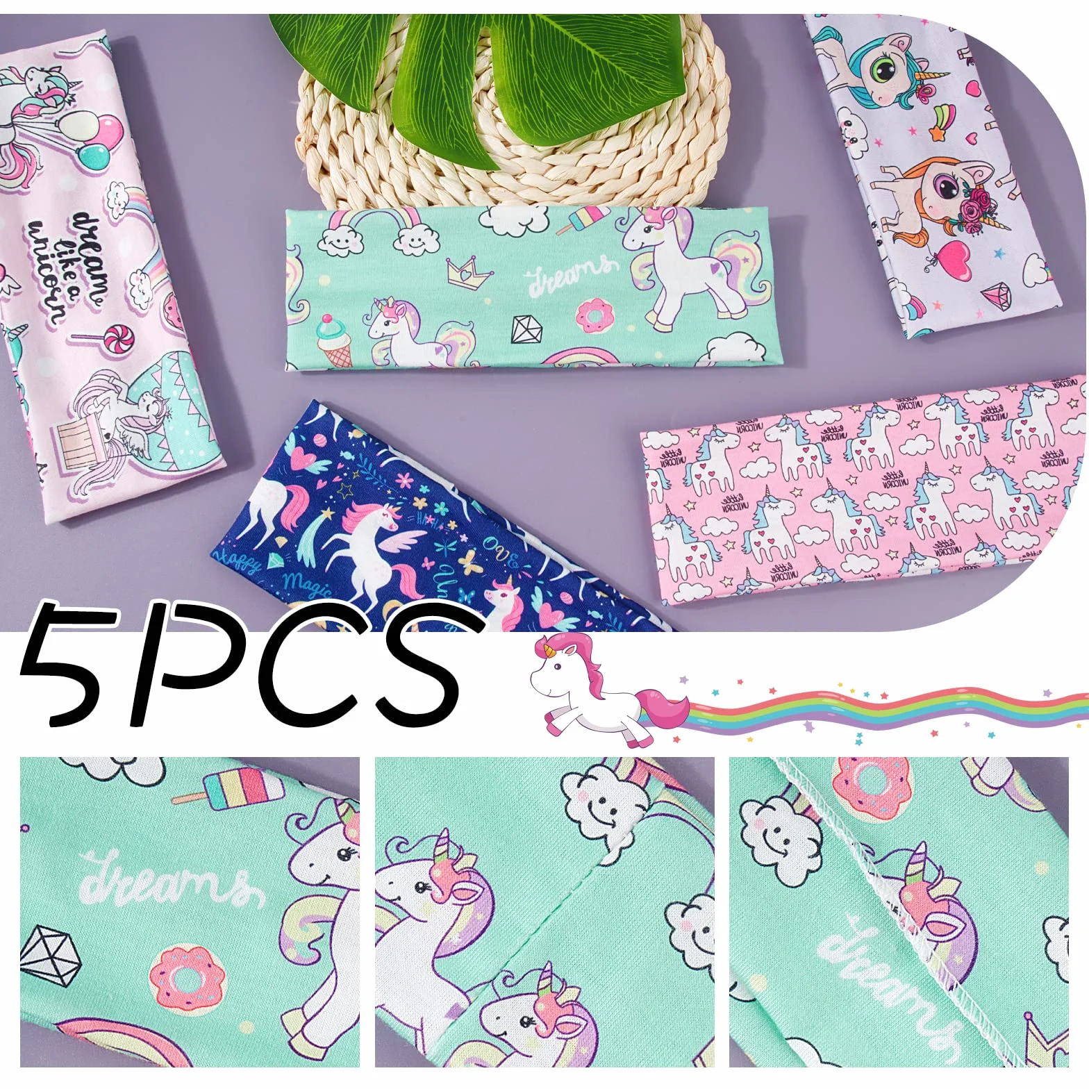 BETESSIN 5pz Fasce per Capelli Bambina Unicorno Fascia Fasce Elastiche Turbante per Decorazione Capelli Bambina Bimba 5-15 Anni