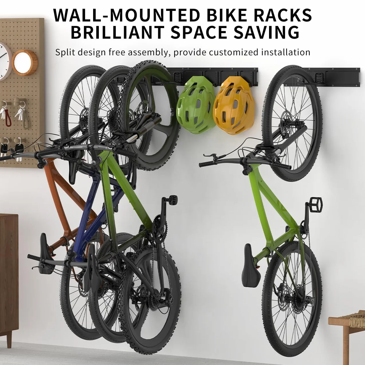 Housolution Portabici 32" per 4 Biciclette + 3 Caschi, Fino a 300 Libbre, Acciaio Solido, Montaggio a Muro, Nero