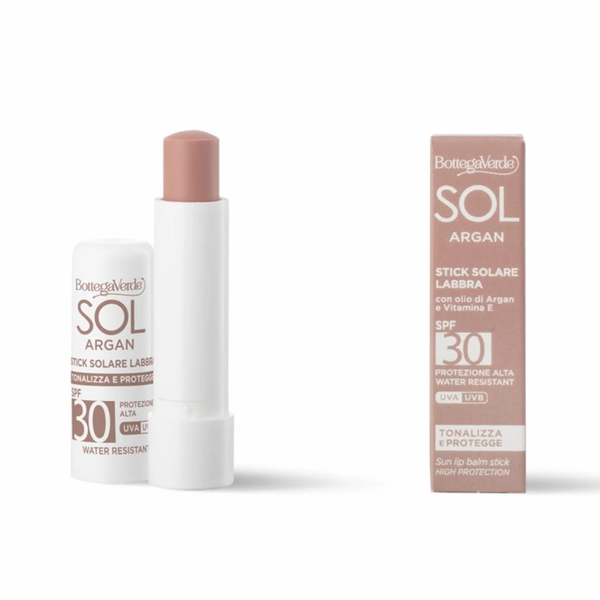 Bottega Verde - SOL Argan, Stick Labbra Solare, 5ml, SPF 30, Arricchito con Olio di Argan e Vitamina E, Senza Siliconi, Resistente all'Acqua, Idrata, Protegge e Tonalizza Delicatamente, Colore Nude