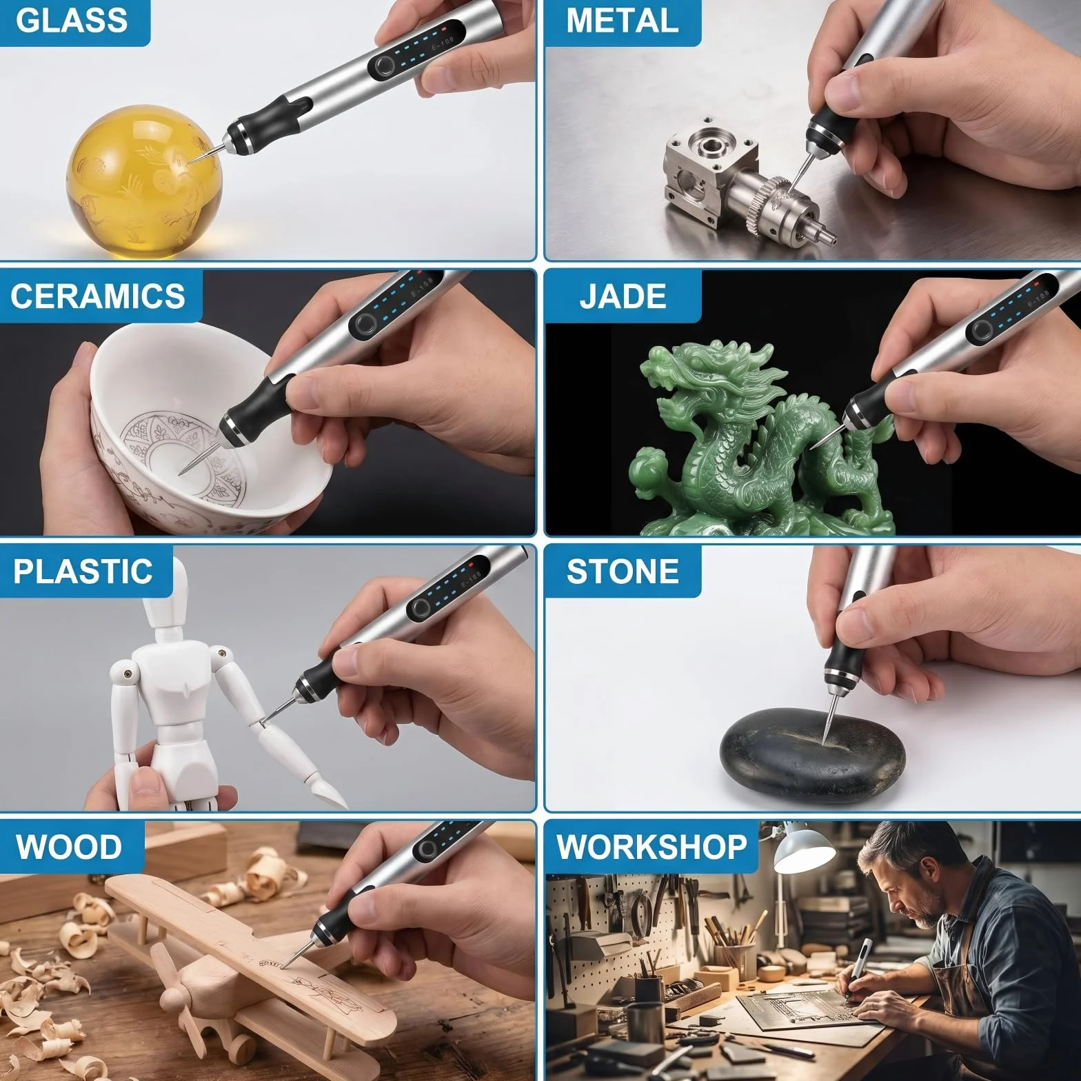 Penna Incisione Elettrica Ricaricabile 3 Velocità 5000-18000 giri/min USB-C 37 Accessori + 16 Stencil Legno Vetro Metallo Pietra