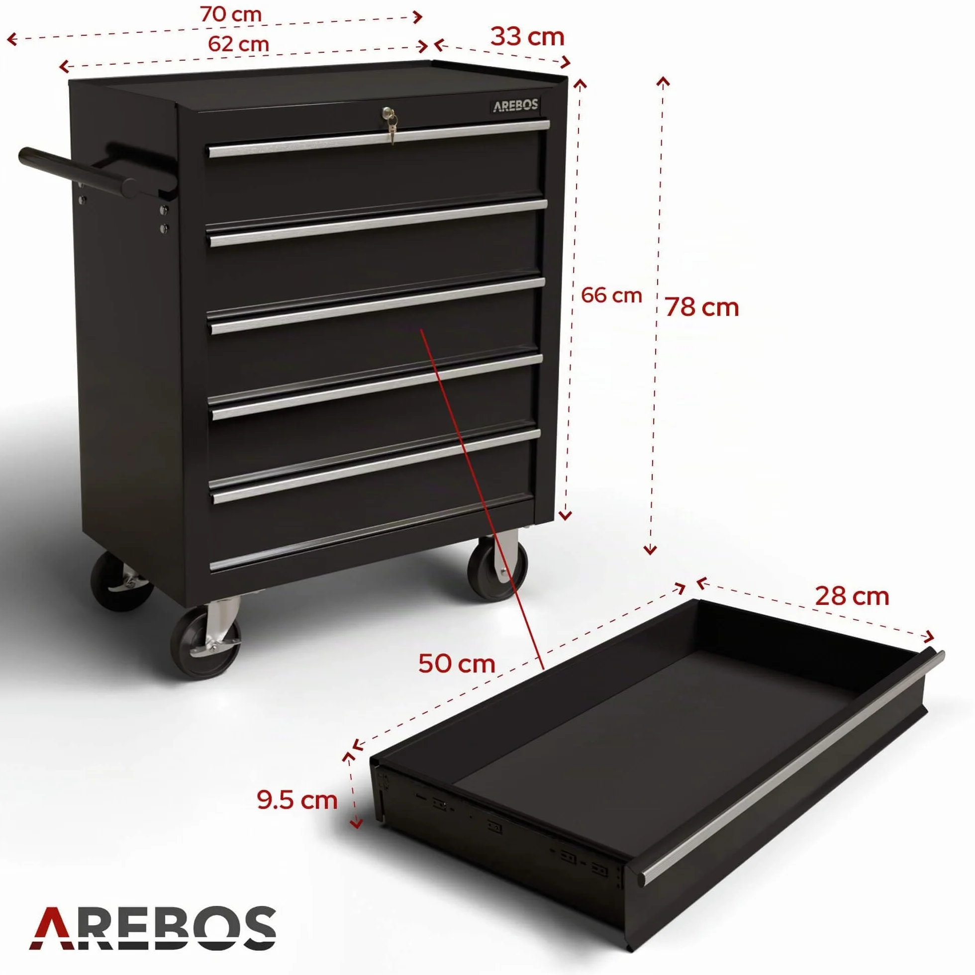 AREBOS carrello da officina a 5 scomparti con serratura centrale, ruote con freno, metallo massiccio, Nero