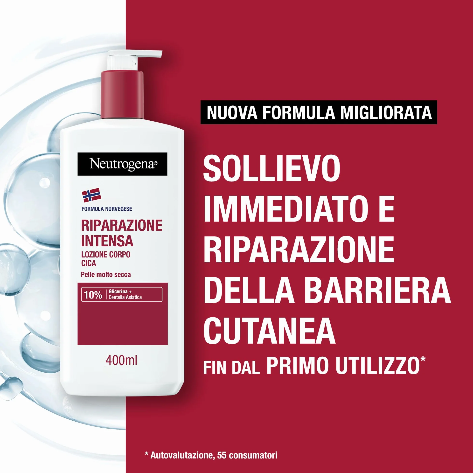Neutrogena Formula Norvegese Lozione Corpo CICA Riparazione Intensa, Crema corpo riparatrice per 72h di nutrimento, Crema idratante corpo con 10% Glicerina, Crema corpo idratante pelle secca, 400 ml