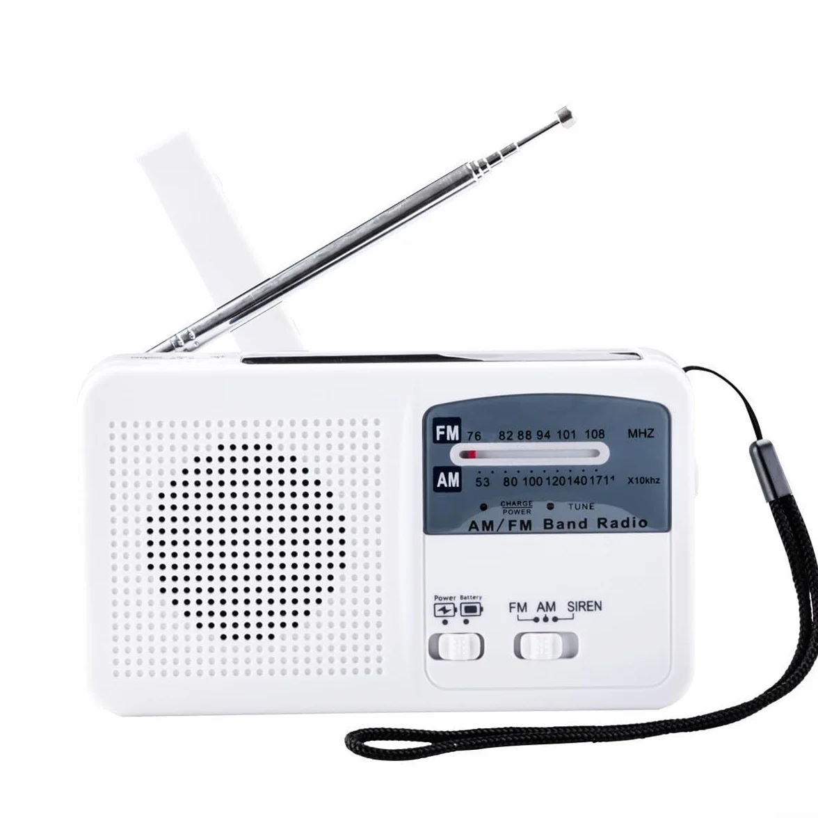 Radio a energia solare a manovella con torcia LED e ricarica cellulare, bianco