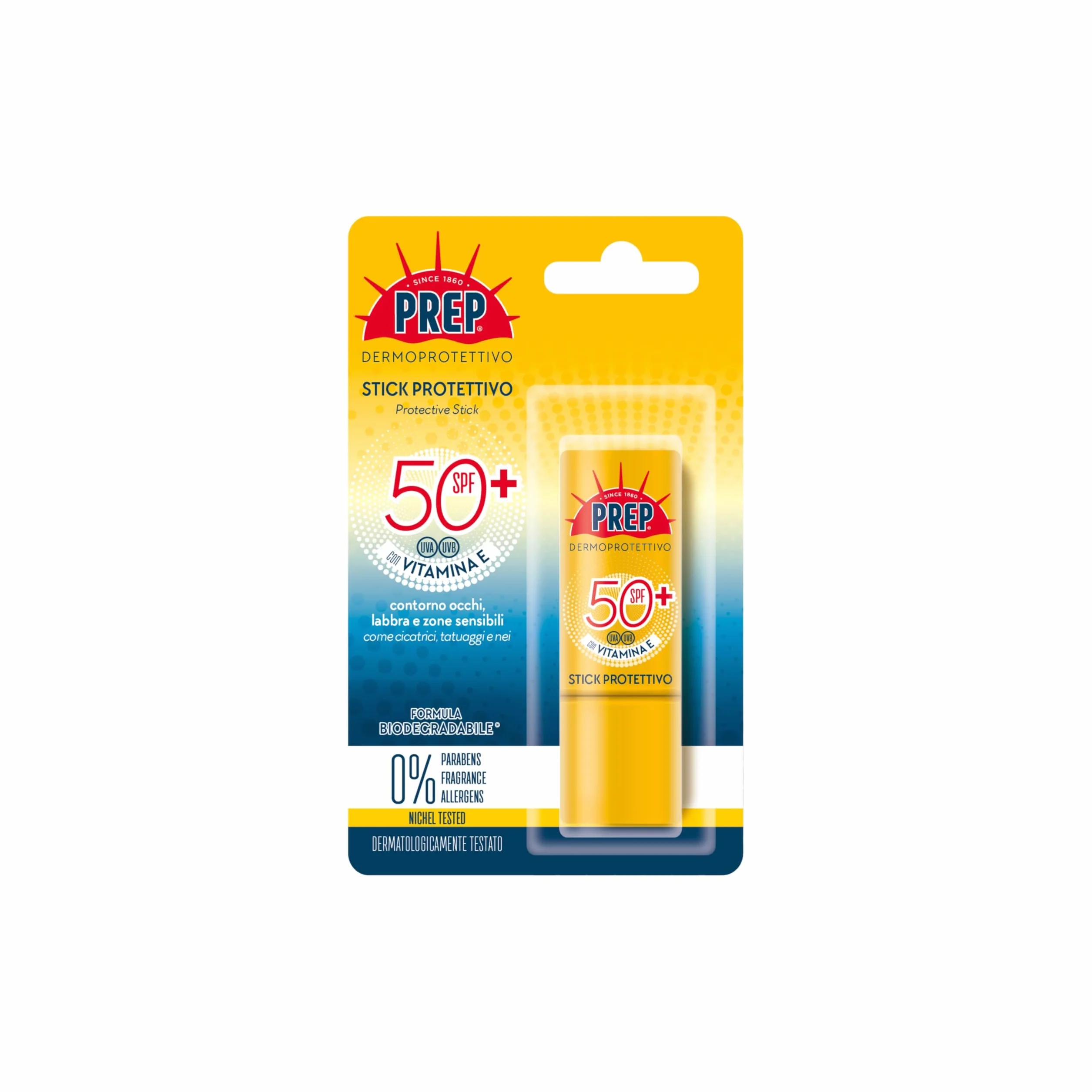 Prep, Stick Protettivo SPF50+, Per Contorno Occhi, Labbra e Zone Sensibili, Dermatologicamente Testato, Protezione da Raggi UVB/UVA, Con Vitamina E, Senza Parabeni, Profumazione Senza Allergeni, 12ml