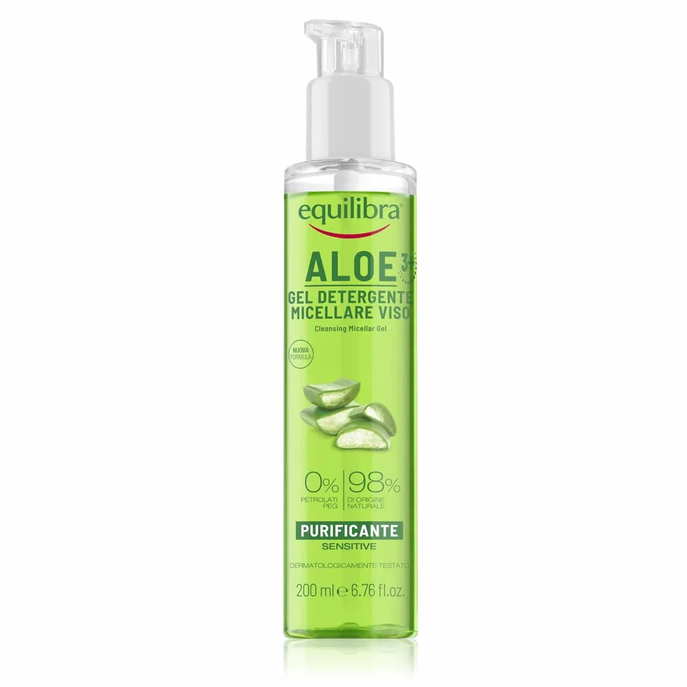 equilibra Viso, Aloe Gel Detergente Micellare Viso, Gel Detergente Viso con Aloe Vera e Aloe 3+ per Pelli Sensibili, Struccante, Rimuove Residui di Make-up e Impurità, Idratante e Tonificante, 200 ml