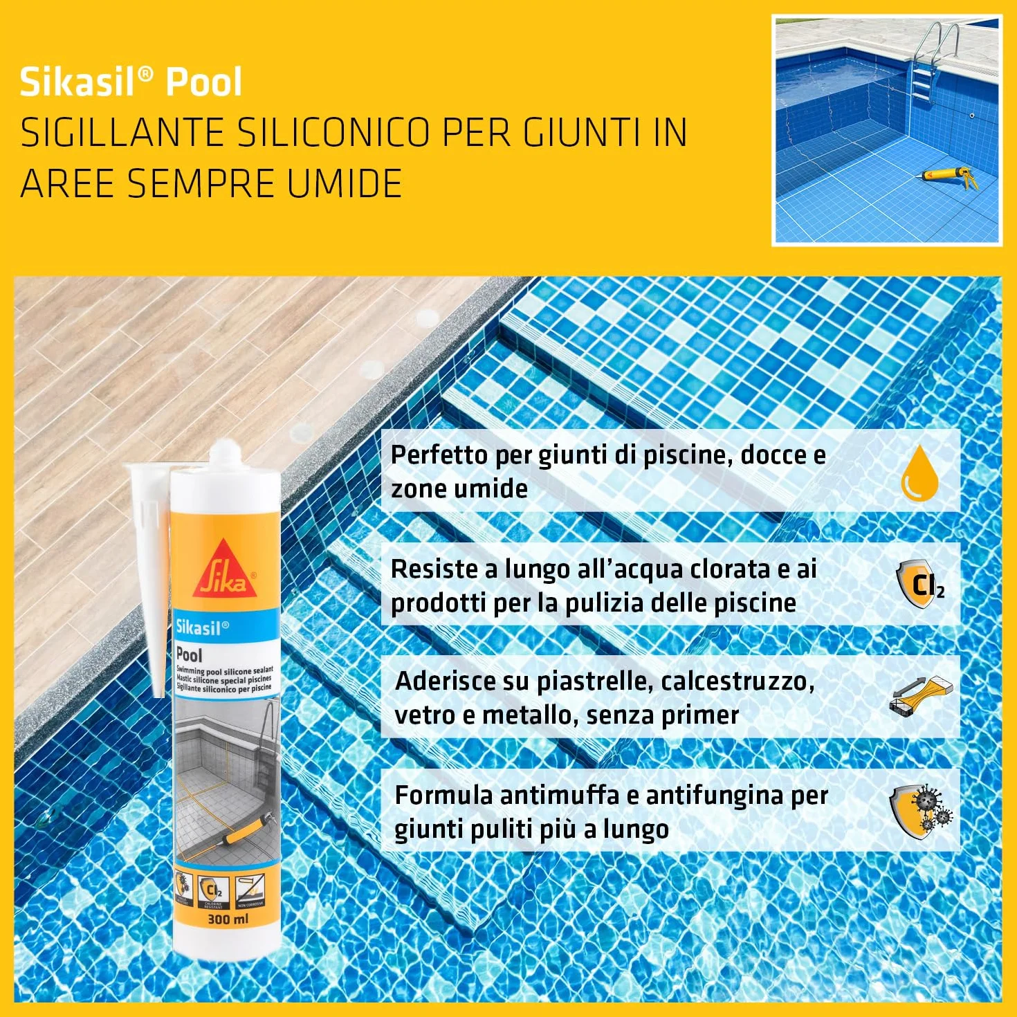SIKA Sikasil Pool Silicone per Piscine e Zone Umide Bianco Resistente al Cloro 300ml