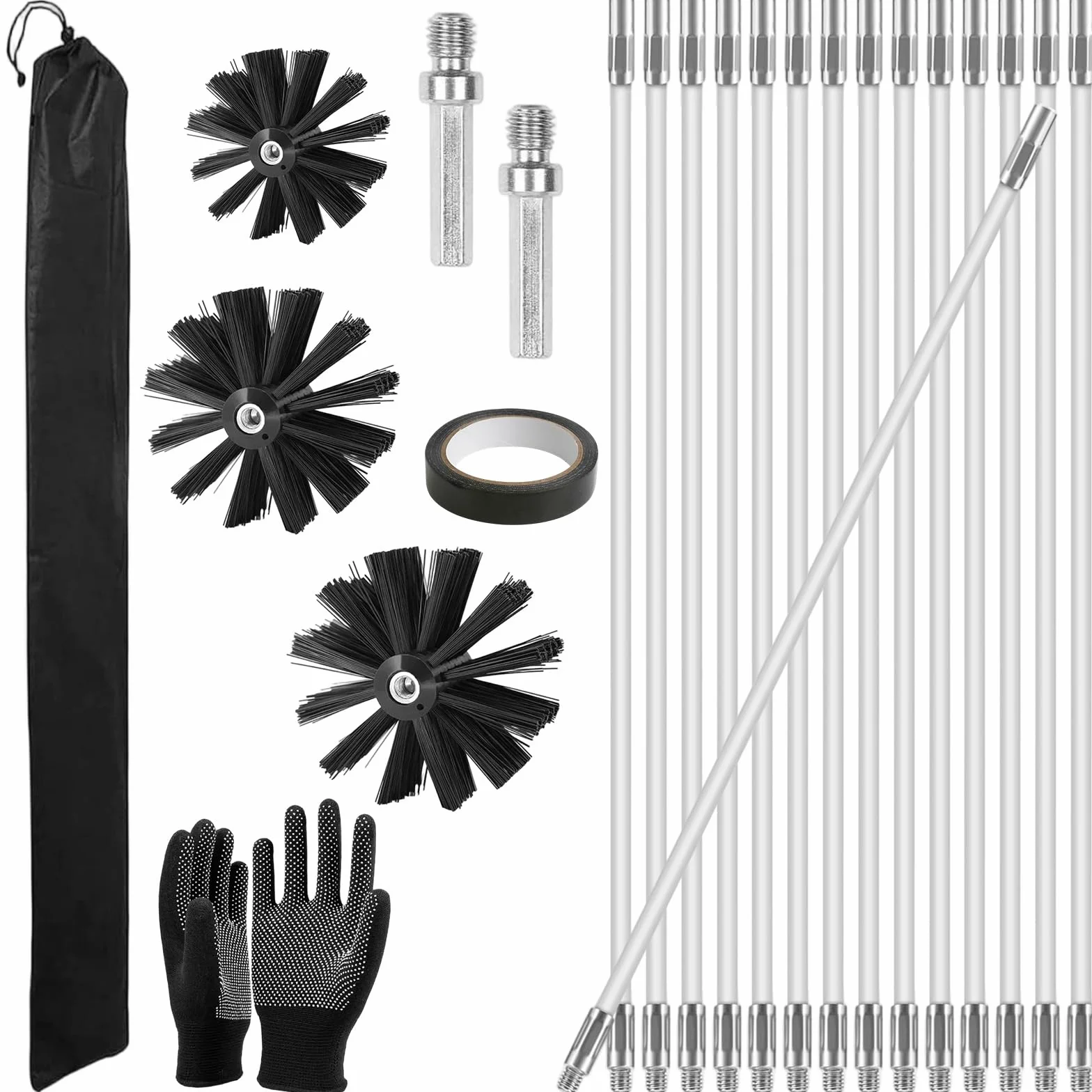 Kit Pulizia Canna Fumaria 23 Pezzi con 3 Teste Spazzola, 15 Aste Spazzole Flessibili 410mm, Scovolo Camino