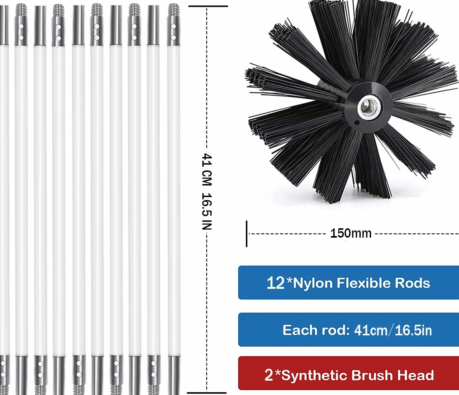 Spazzola Pulizia Camino 150mm Diametro con 12 Aste in Nylon e 2 Testine