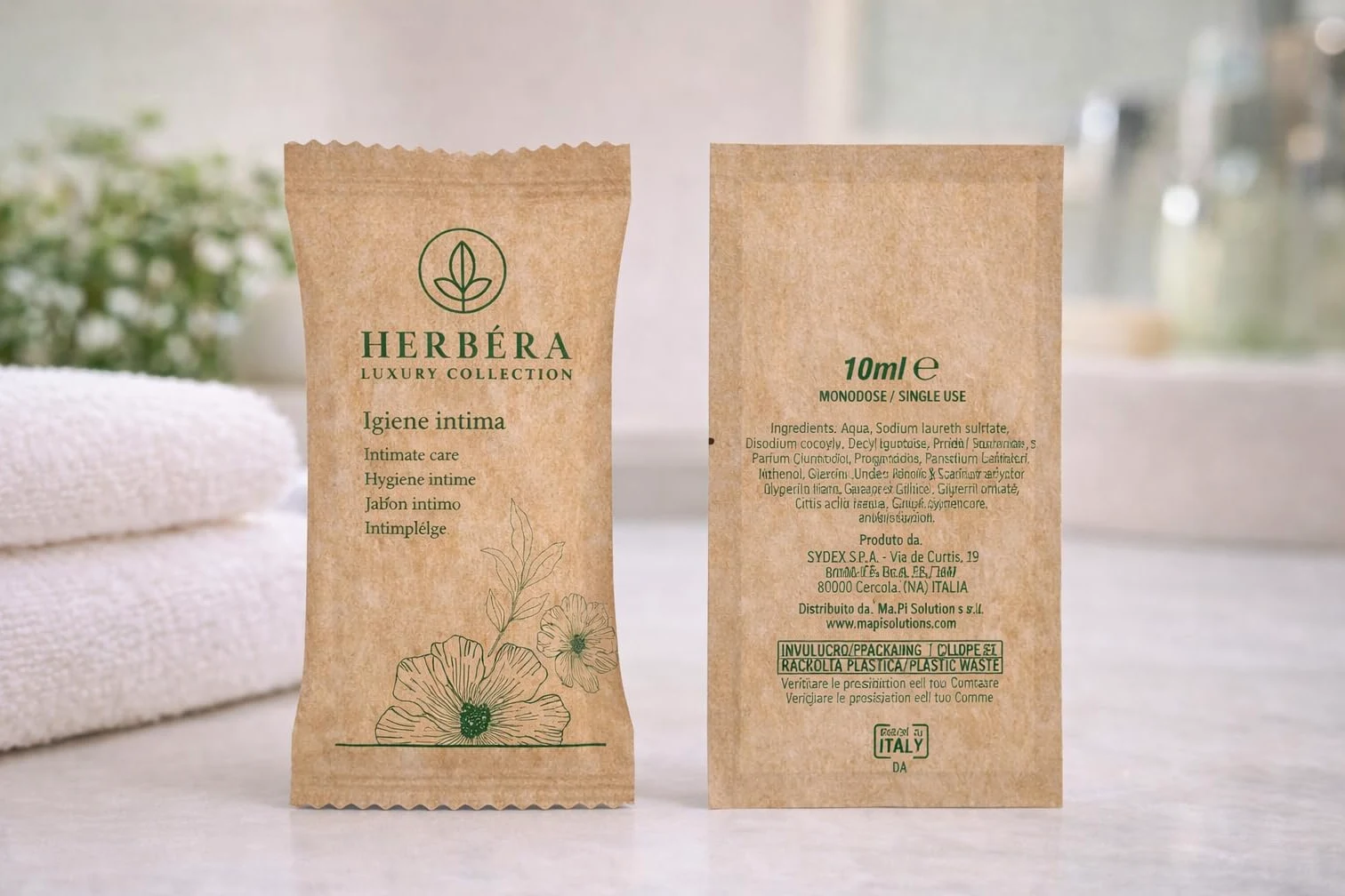 Bagno doccia gel igiene intima Gel Confezione 500 pezzi Bustina in carta BIO monodose Monouso da 10 ml Linea HERBERA Nuova collezione per Hotel B&B casa vacanze sapone per intimo Gel Bagnodoccia