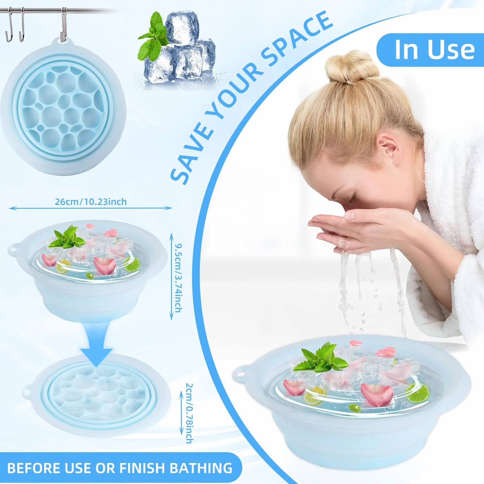 Face Ice Bath Bowl, Silicone Ice Facial Folding Washbasin, Foldable Ice Bath Artifact, Portable Washing Basin, Face Ice Bath Water Chiller for Soothe Skin, Reduce Puffiness, Pore Shrinking
