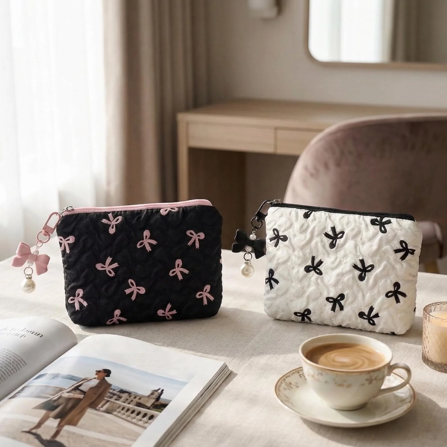 Set di 2 trousse per trucchi piccoli, con eleganti fiocchi, mini borsa per trucco, borsa per trucco, borsa per trucco, borsa per cosmetici, borsa da toilette da donna, 14 x 10 cm