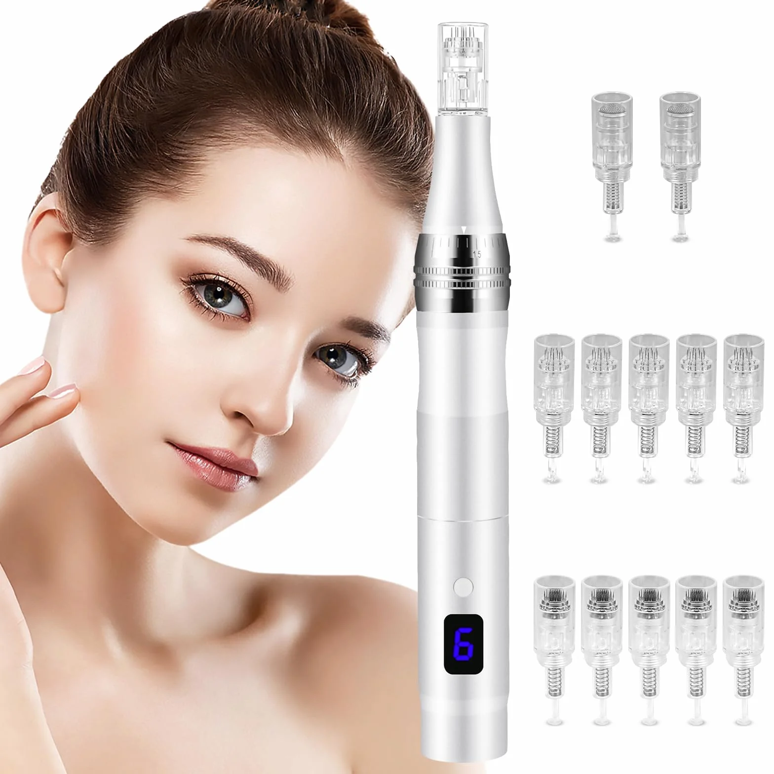 Vicloon Elettrico Dermapen Microneedling Professionale, Derma Penna con Schermo LCD e 6 Livelli incl. 12 pezzi Cartucce, Regolabile 0-2,5 mm (Argento)
