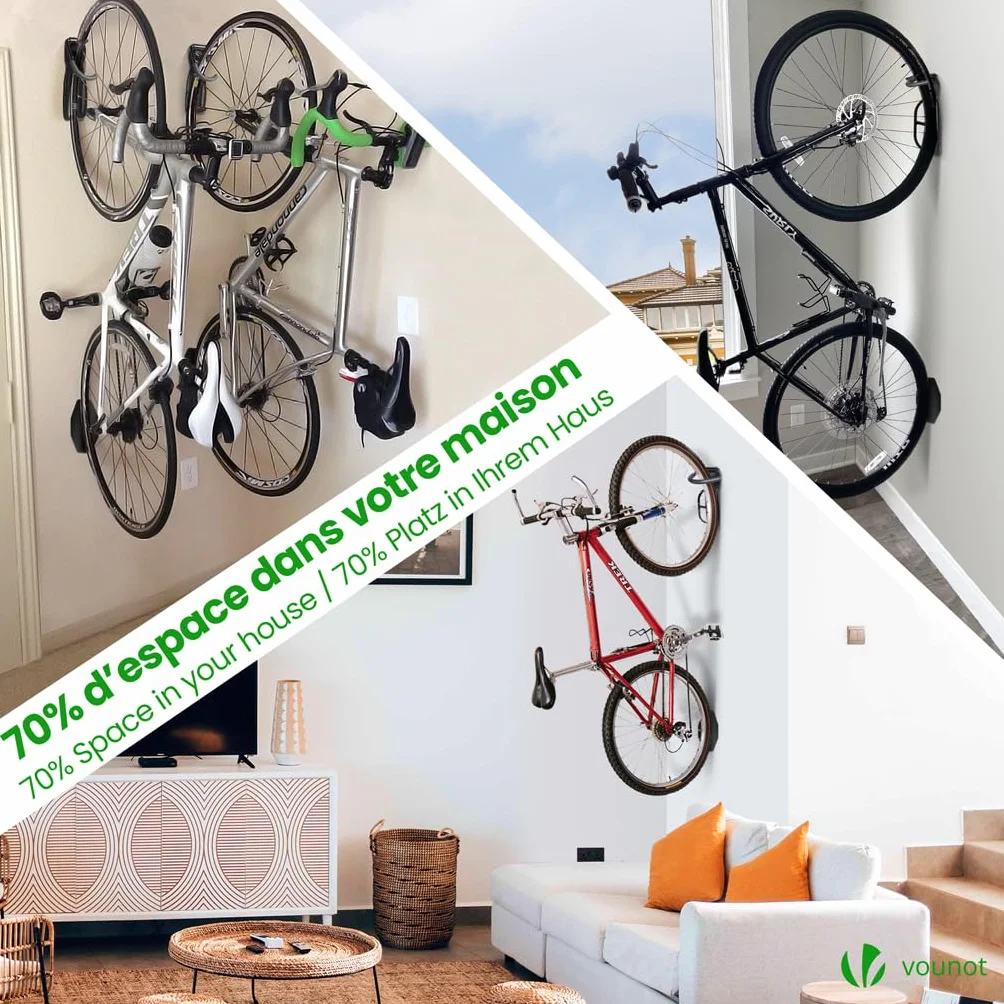 VOUNOT® 4 Pezzi Supporto per Biciclette da Parete Pieghevole, Portabici da Muro Salvaspazio con Cuscinetti, Gancio Appendere Verticale per Garage Cantina Shed, Nero